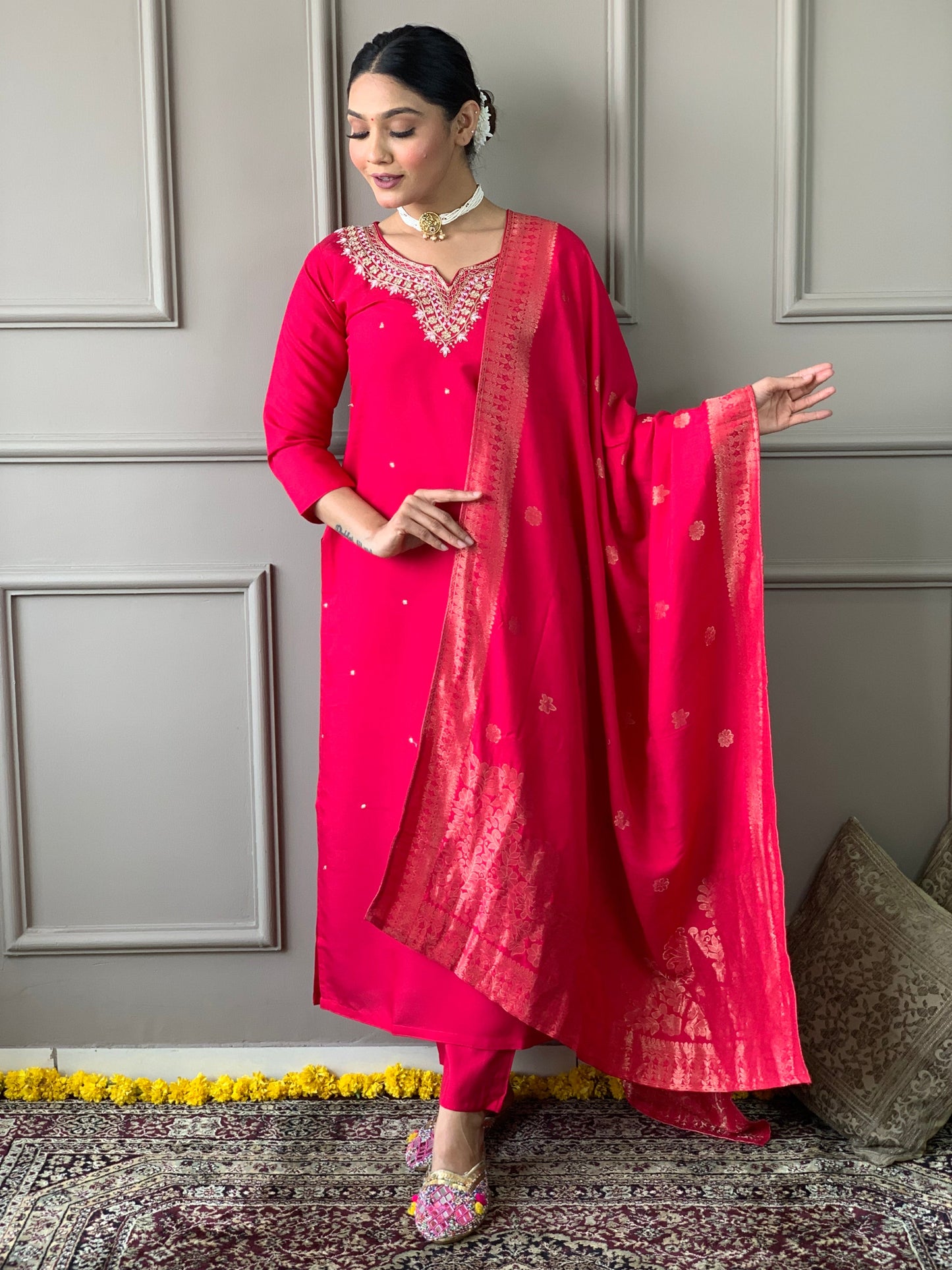 Delicate Handwork Chanderi Kurta Payjam Set With Dupatta-Minimum Qty -10 Pic