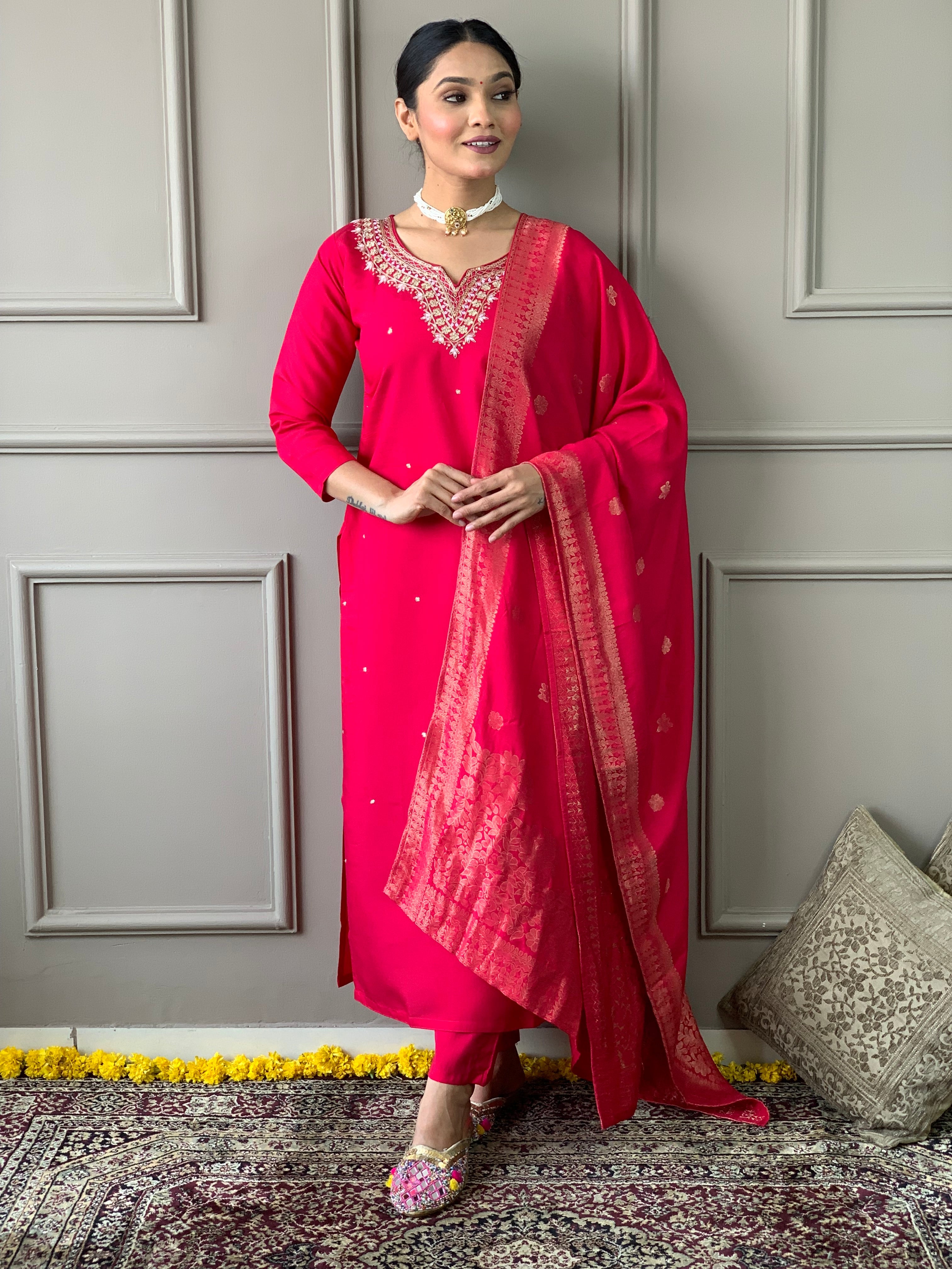 Delicate Handwork Chanderi Kurta Payjam Set With Dupatta-Minimum Qty -10 Pic
