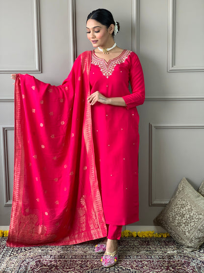 Delicate Handwork Chanderi Kurta Payjam Set With Dupatta-Minimum Qty -10 Pic