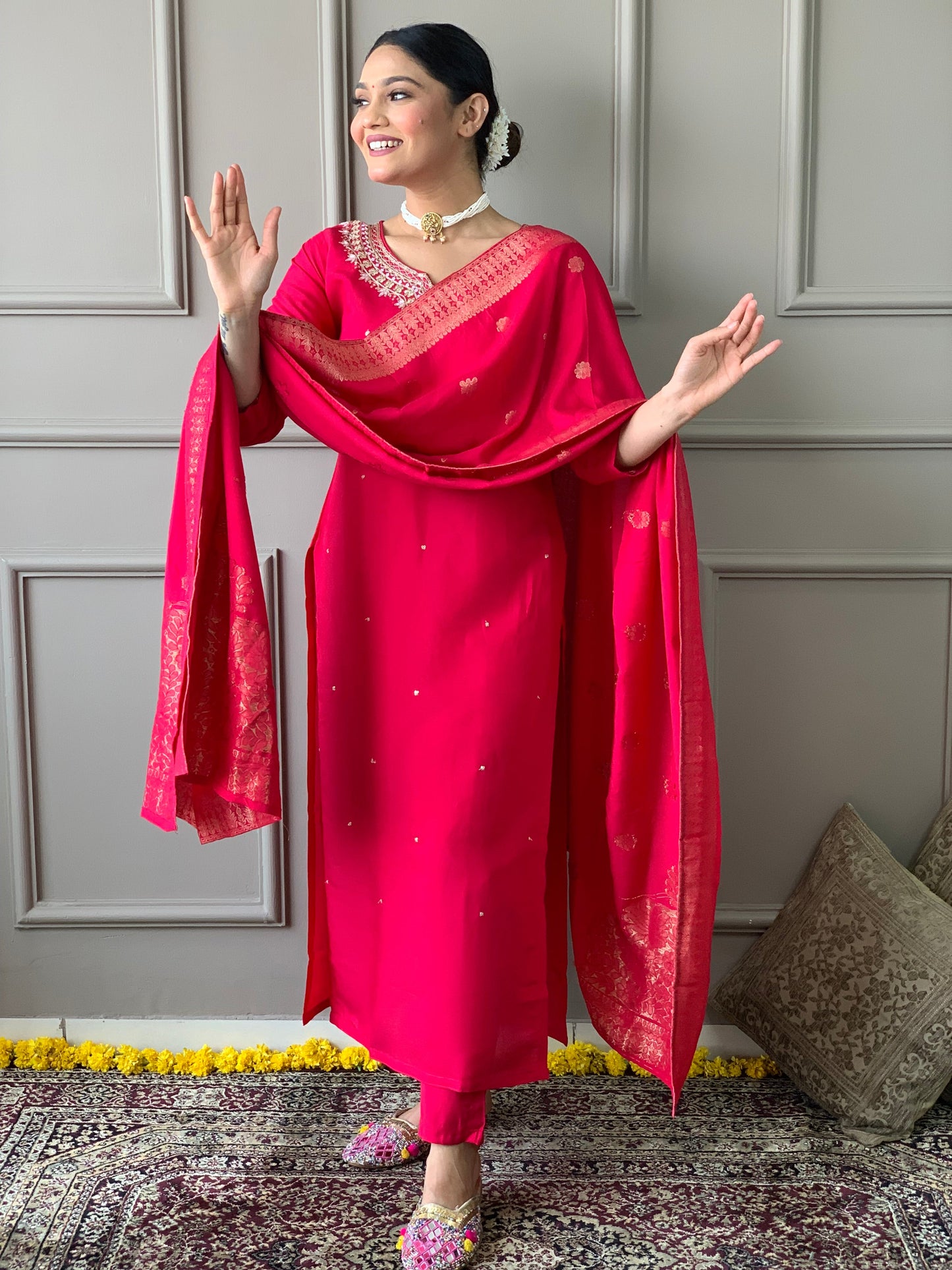 Delicate Handwork Chanderi Kurta Payjam Set With Dupatta-Minimum Qty -10 Pic