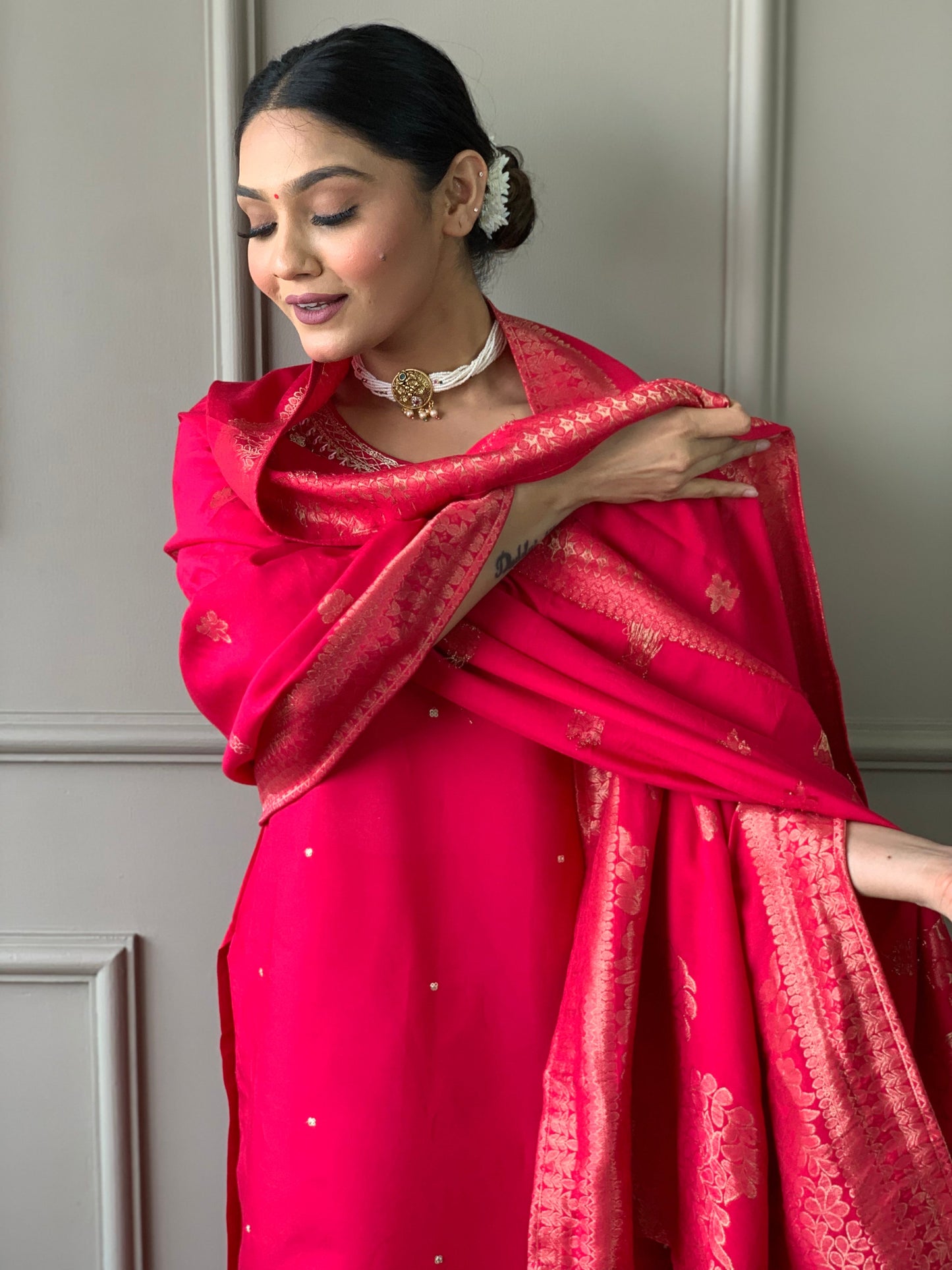Delicate Handwork Chanderi Kurta Payjam Set With Dupatta-Minimum Qty -10 Pic