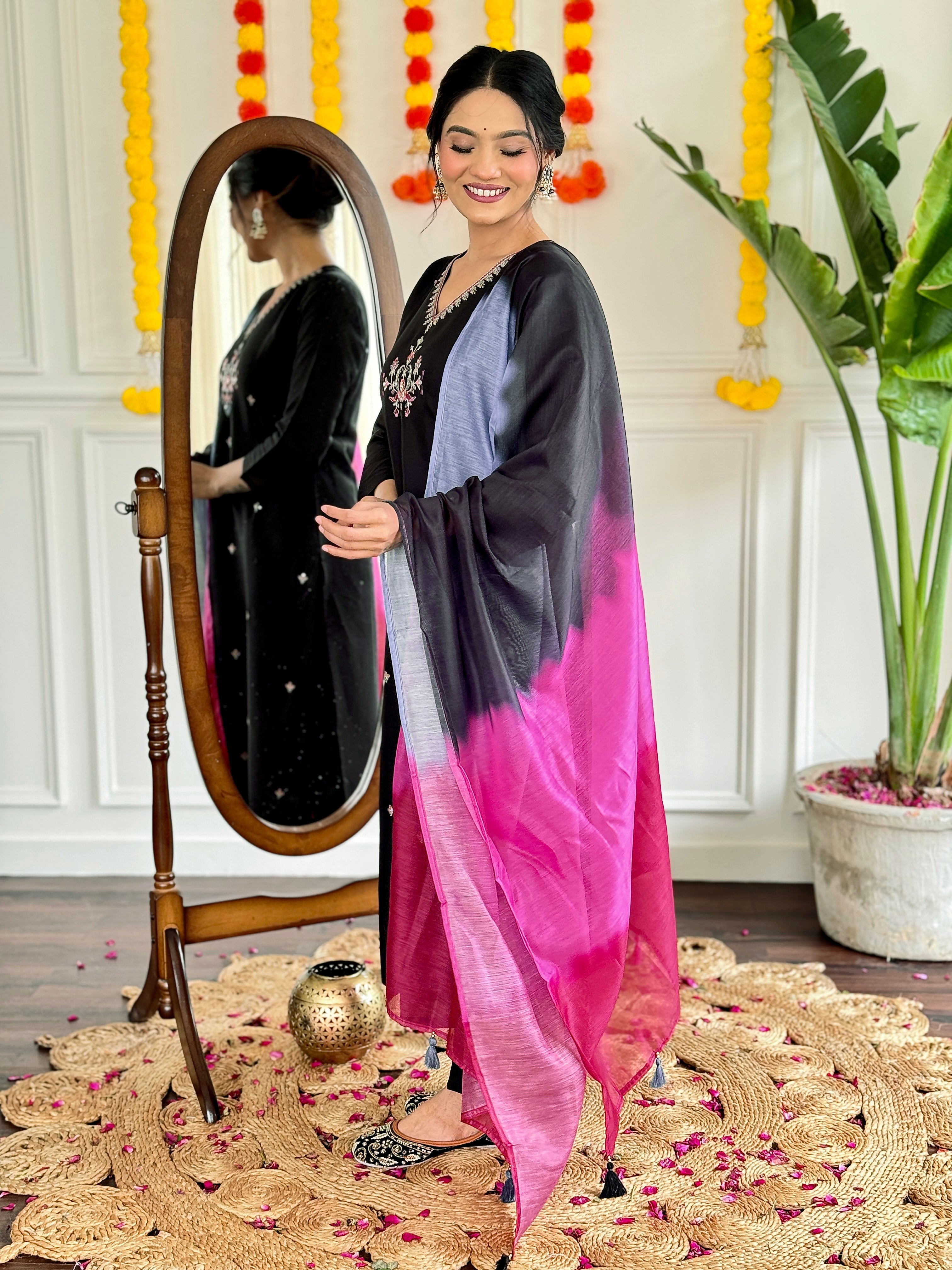 Women's Black Viscose Chanderi Embroidered Straight Kurta with Rayon Slub Pant And Silk Printed Dupatta Sets-Minimum Qty -10 Pic