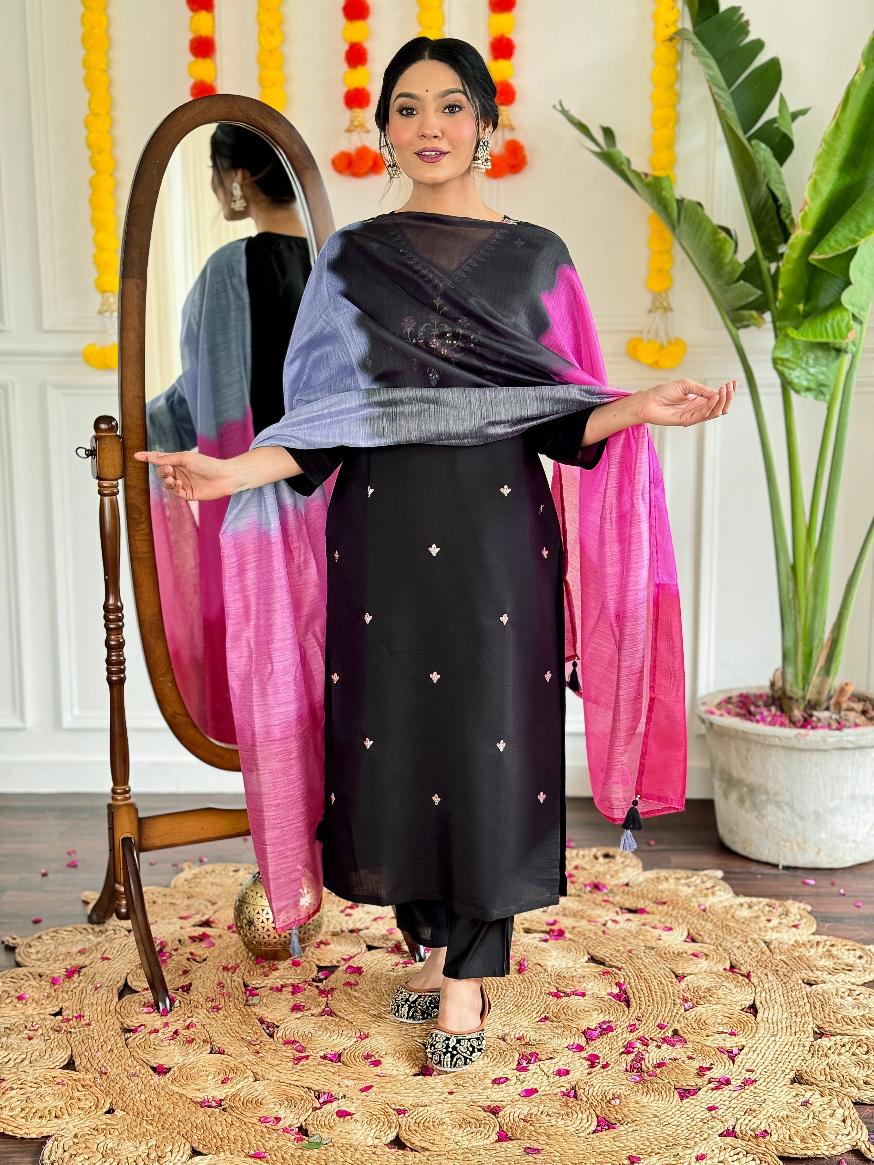 Women's Black Viscose Chanderi Embroidered Straight Kurta with Rayon Slub Pant And Silk Printed Dupatta Sets-Minimum Qty -10 Pic