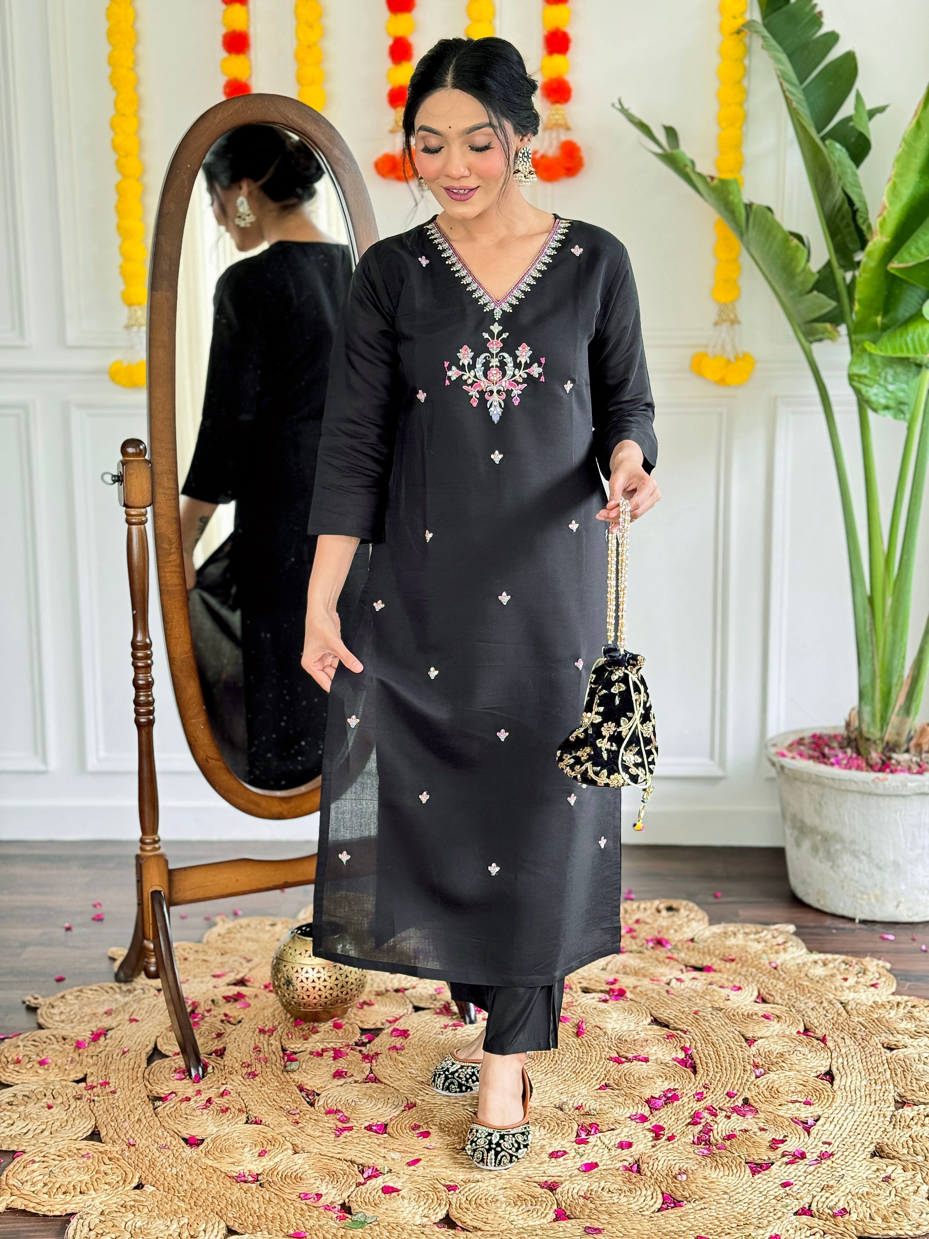 Women's Black Viscose Chanderi Embroidered Straight Kurta with Rayon Slub Pant And Silk Printed Dupatta Sets-Minimum Qty -10 Pic