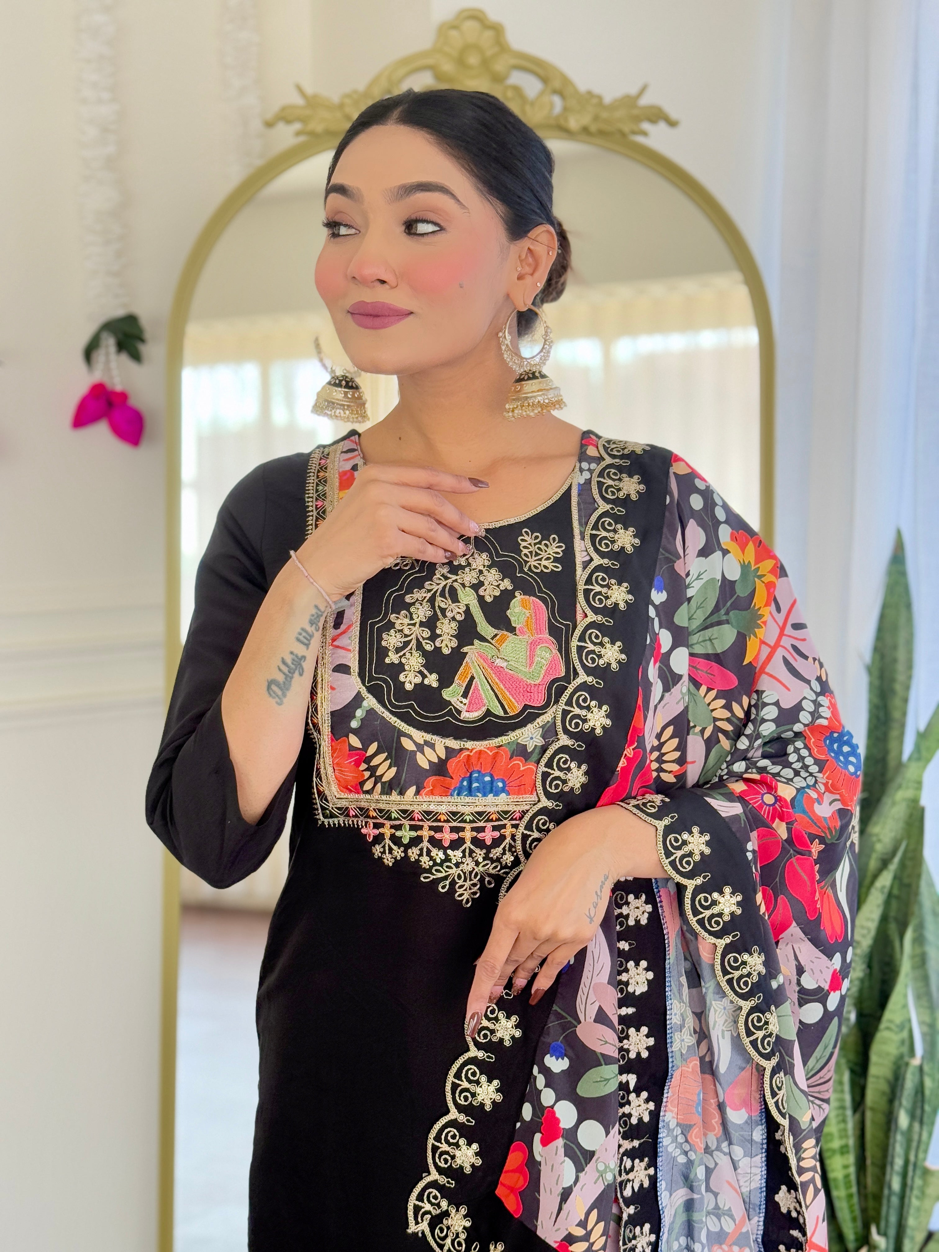 Women's Black Viscose Chanderi Embroidered Straight Kurta with Viscose Chanderi Pant And Silk Printed Dupatta Sets