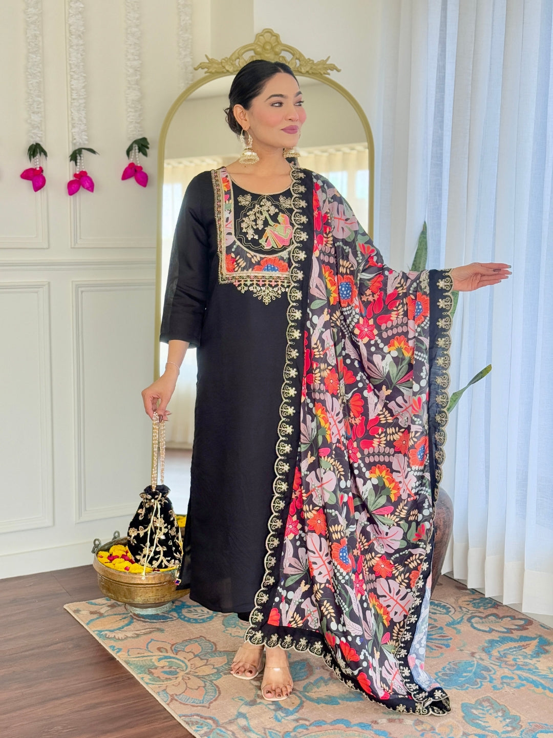 Women's Black Viscose Chanderi Embroidered Straight Kurta with Viscose Chanderi Pant And Silk Printed Dupatta Sets