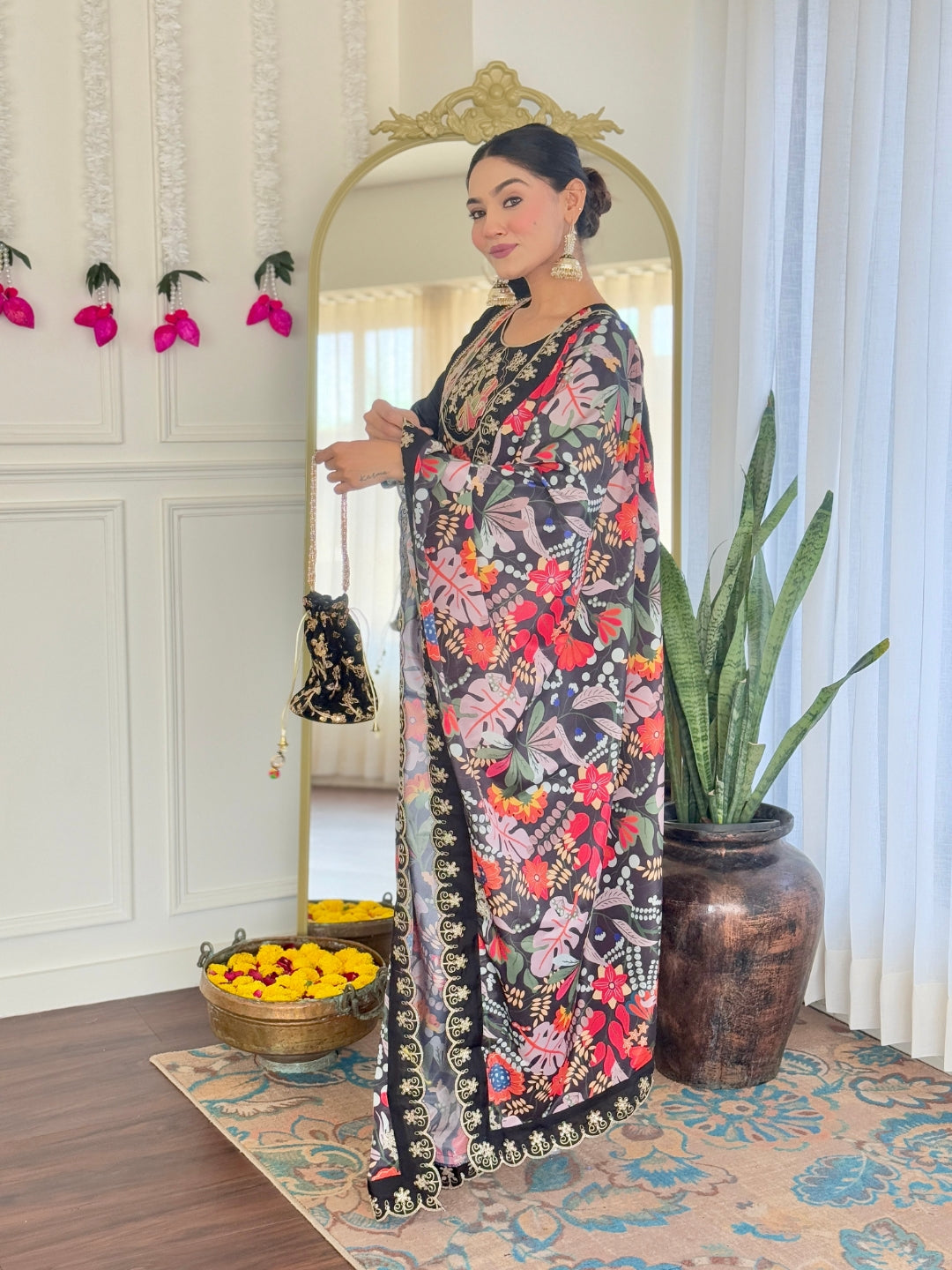 Women's Black Viscose Chanderi Embroidered Straight Kurta with Viscose Chanderi Pant And Silk Printed Dupatta Sets-Minimum Qty -10 Pic