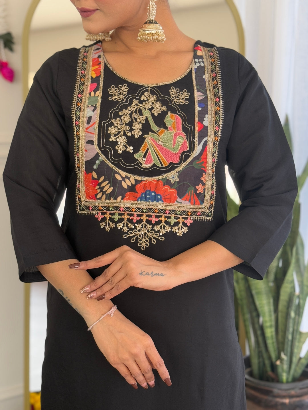 Women's Black Viscose Chanderi Embroidered Straight Kurta with Viscose Chanderi Pant And Silk Printed Dupatta Sets