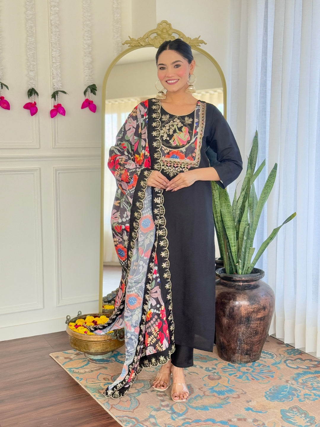 Women's Black Viscose Chanderi Embroidered Straight Kurta with Viscose Chanderi Pant And Silk Printed Dupatta Sets