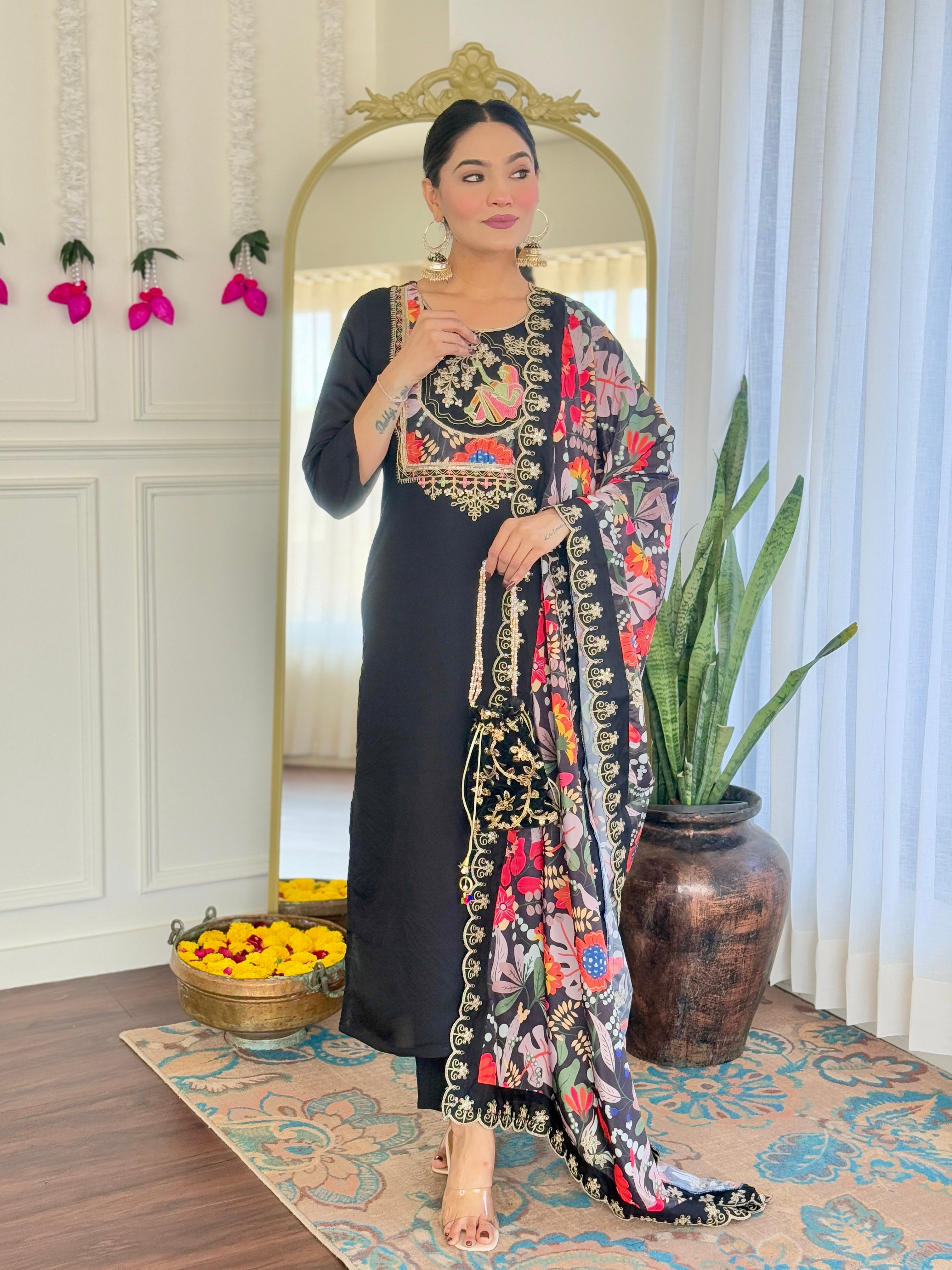 Women's Black Viscose Chanderi Embroidered Straight Kurta with Viscose Chanderi Pant And Silk Printed Dupatta Sets