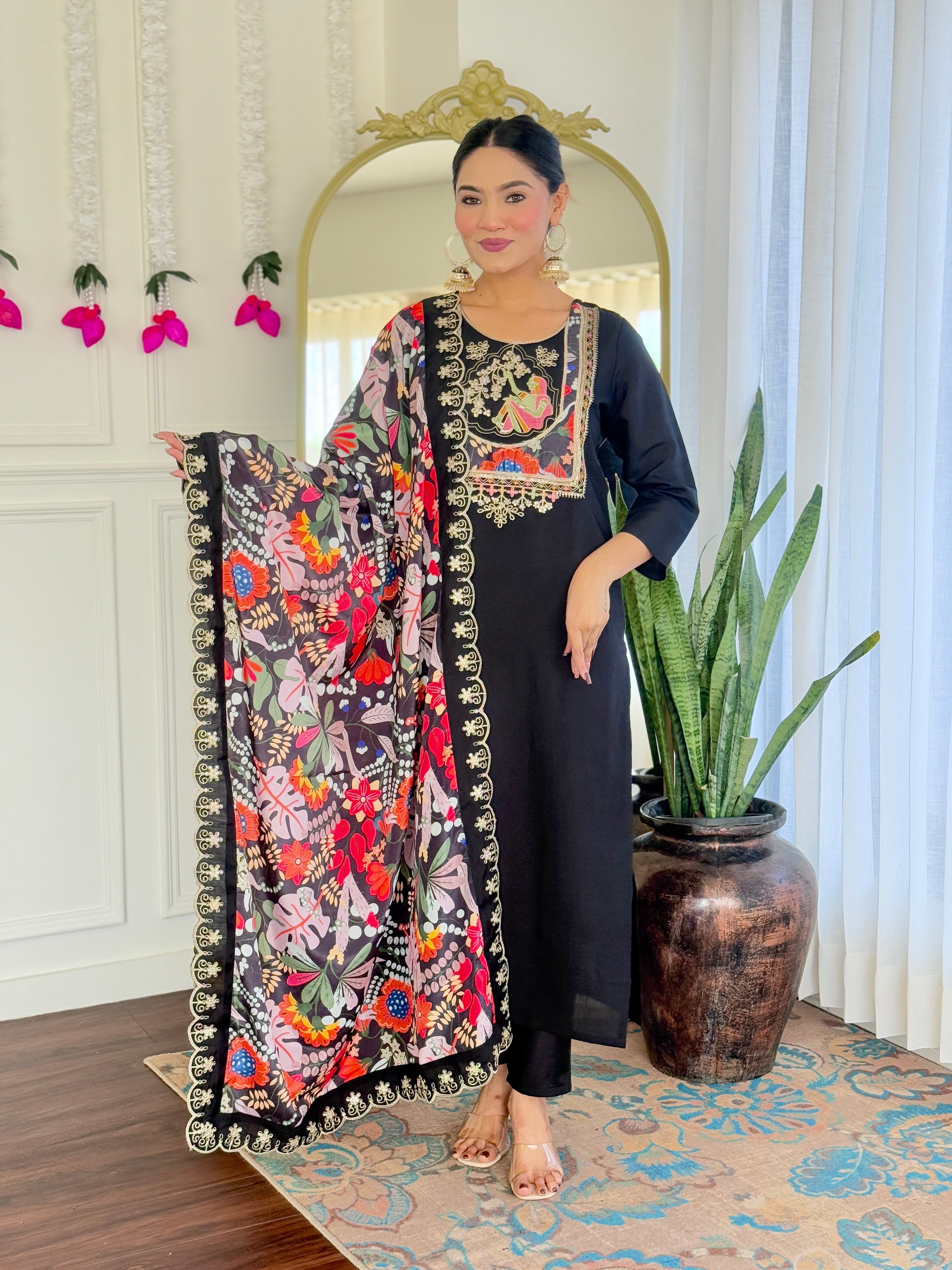 Women's Black Viscose Chanderi Embroidered Straight Kurta with Viscose Chanderi Pant And Silk Printed Dupatta Sets