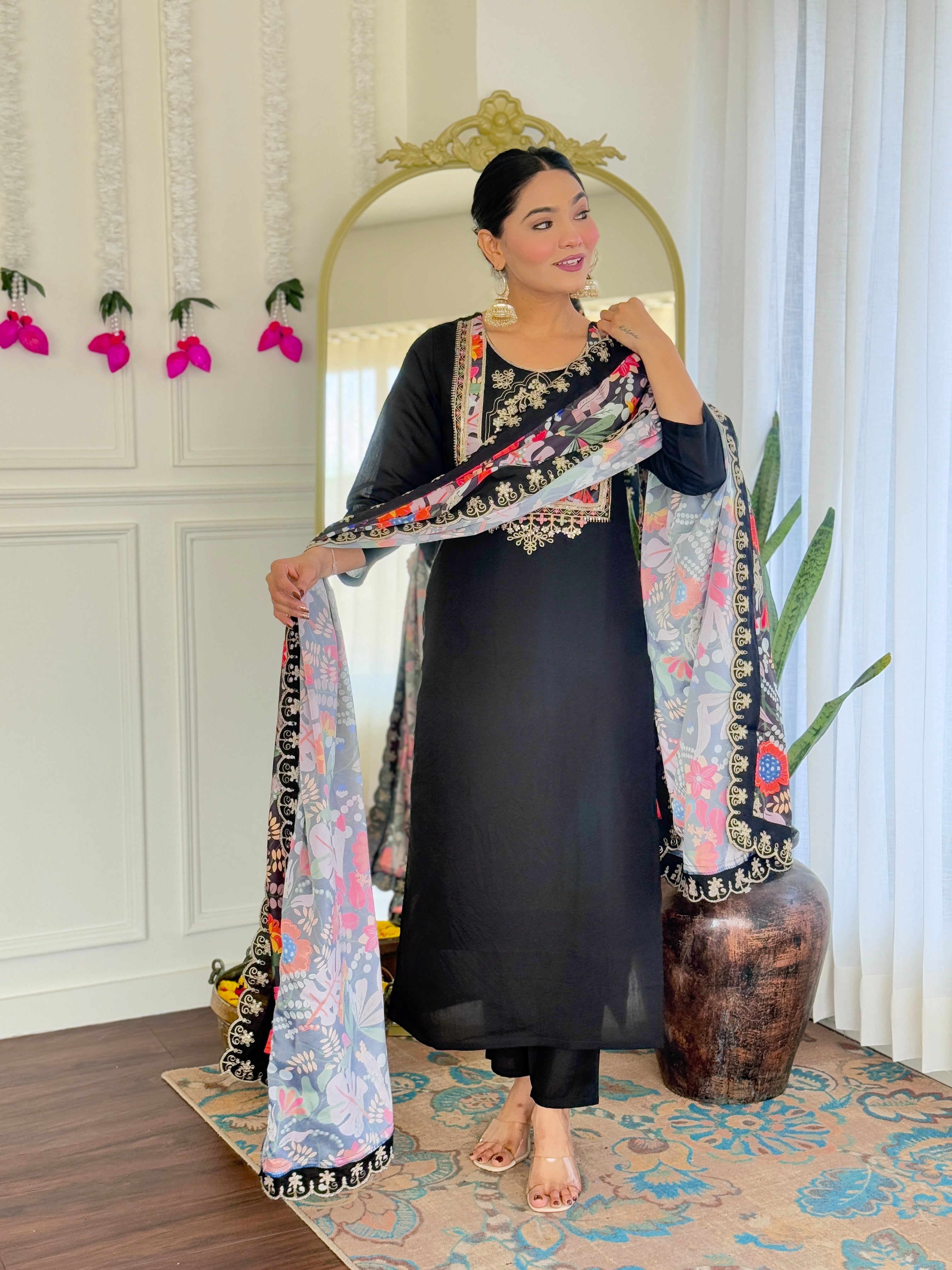 Women's Black Viscose Chanderi Embroidered Straight Kurta with Viscose Chanderi Pant And Silk Printed Dupatta Sets-Minimum Qty -10 Pic