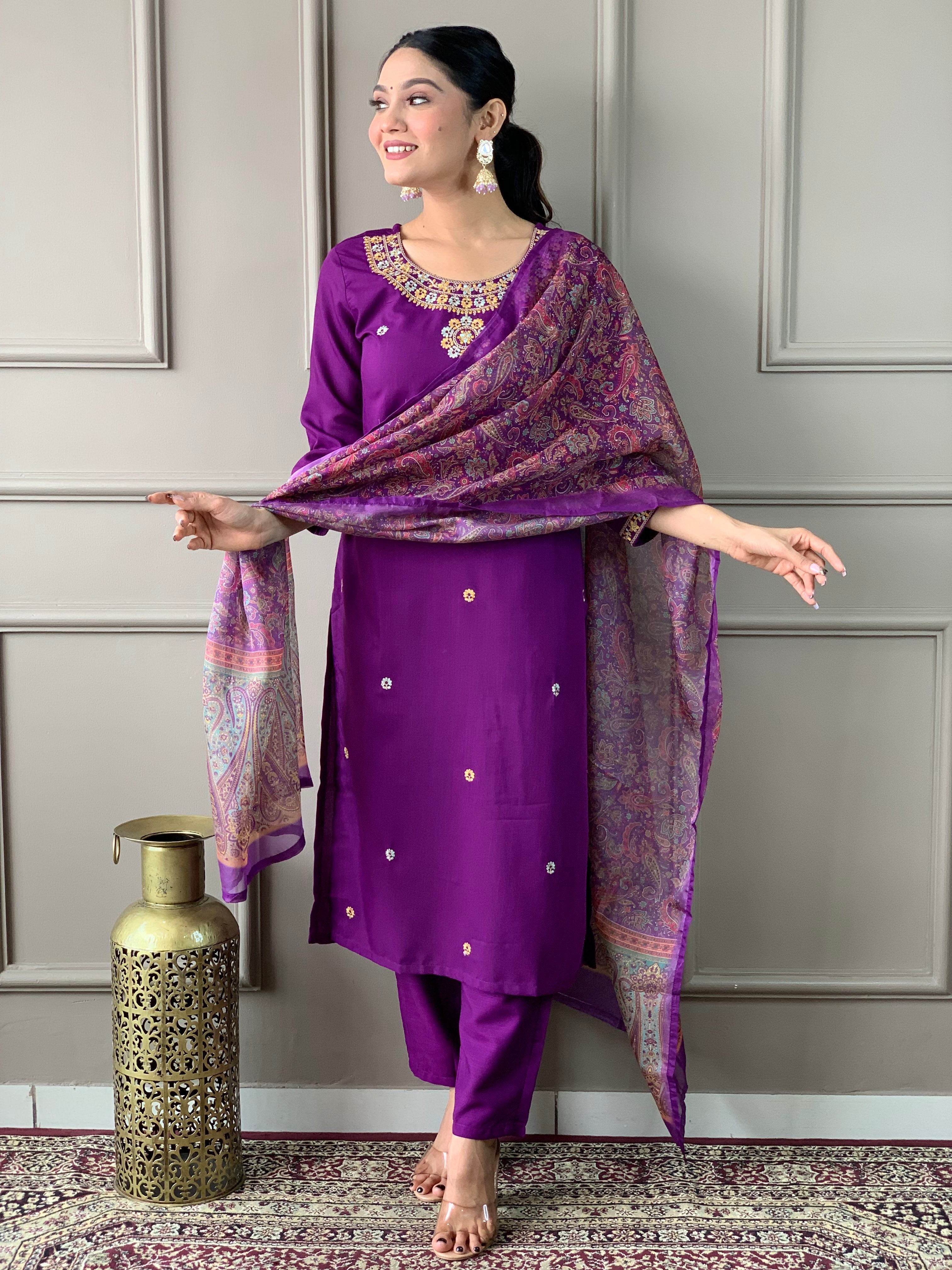 Women's Dark Purple Rayon Slub Embroidered Straight Kurta with Rayon Slub Pant And Organza Printed Dupatta Sets-Minimum Qty -10 Pic