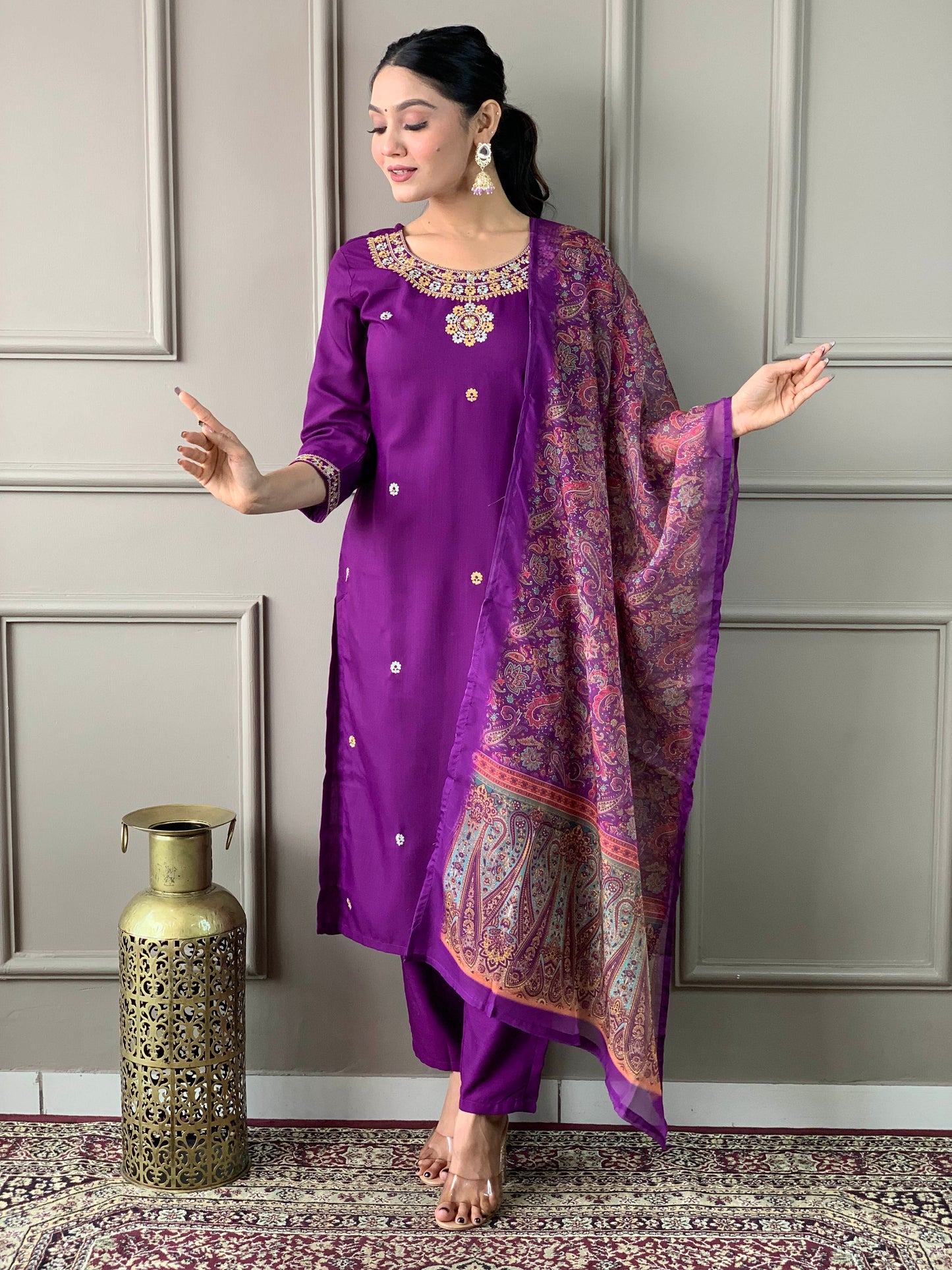 Women's Dark Purple Rayon Slub Embroidered Straight Kurta with Rayon Slub Pant And Organza Printed Dupatta Sets