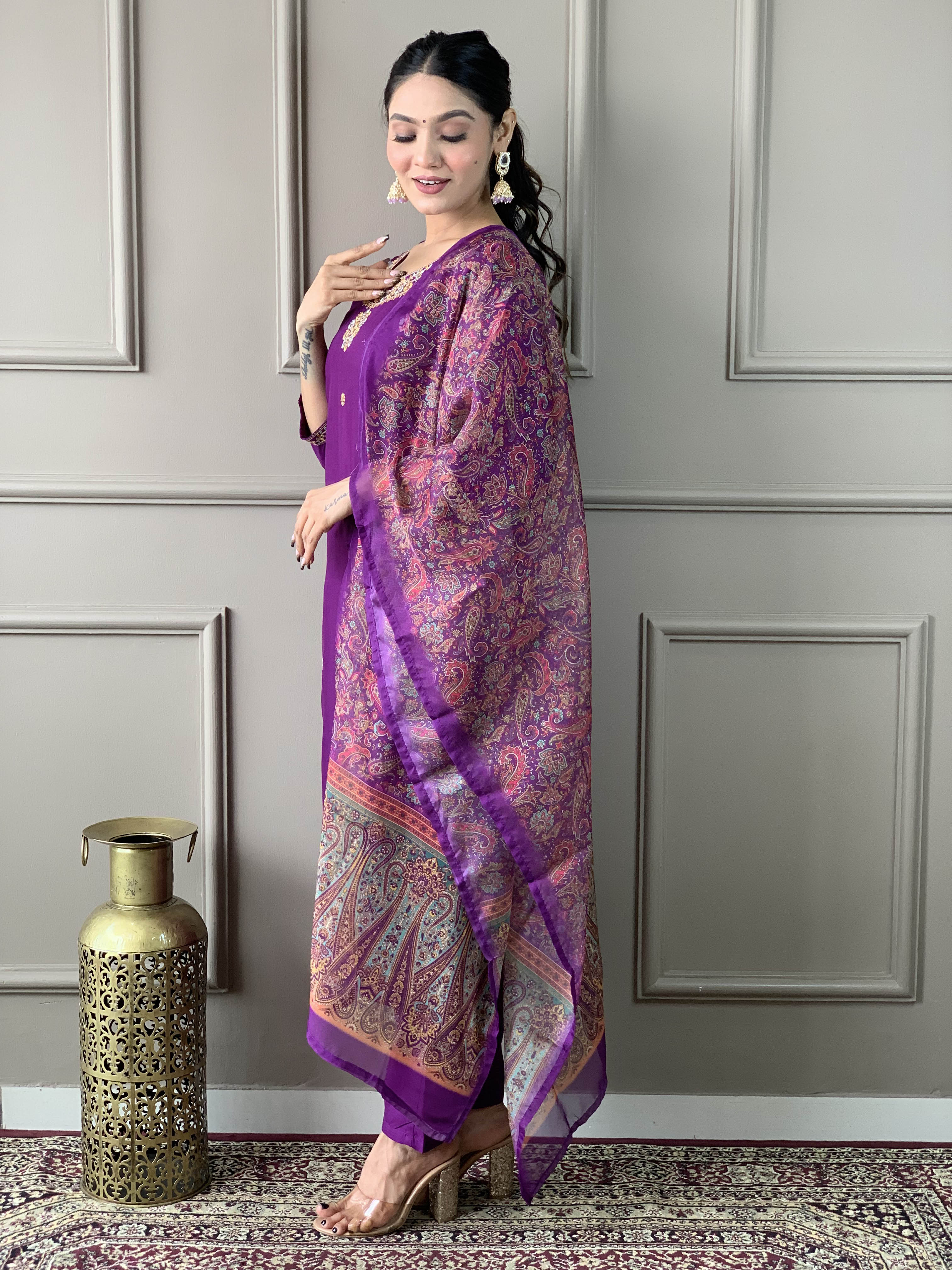 Women's Dark Purple Rayon Slub Embroidered Straight Kurta with Rayon Slub Pant And Organza Printed Dupatta Sets-Minimum Qty -10 Pic