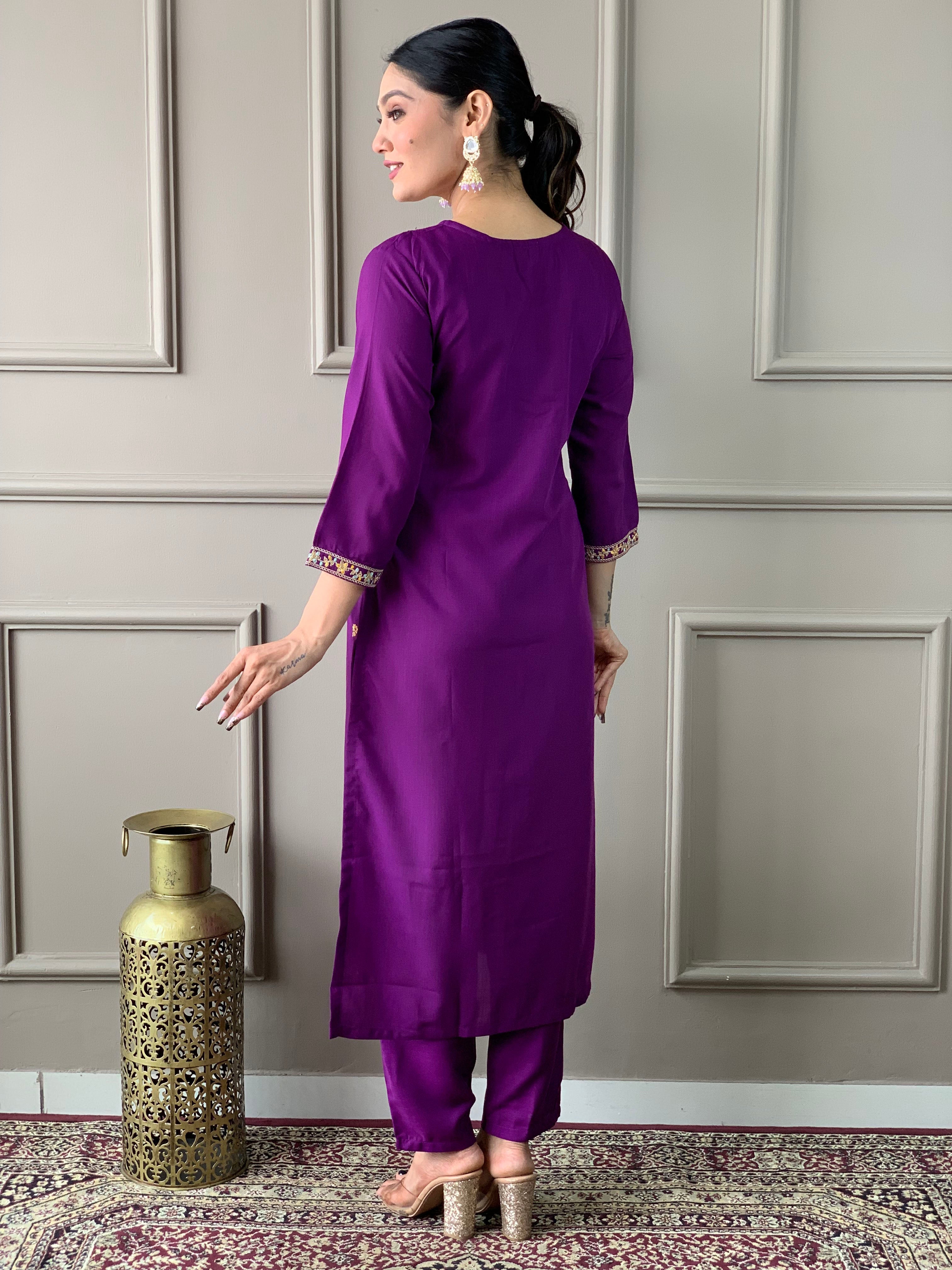 Women's Dark Purple Rayon Slub Embroidered Straight Kurta with Rayon Slub Pant And Organza Printed Dupatta Sets-Minimum Qty -10 Pic