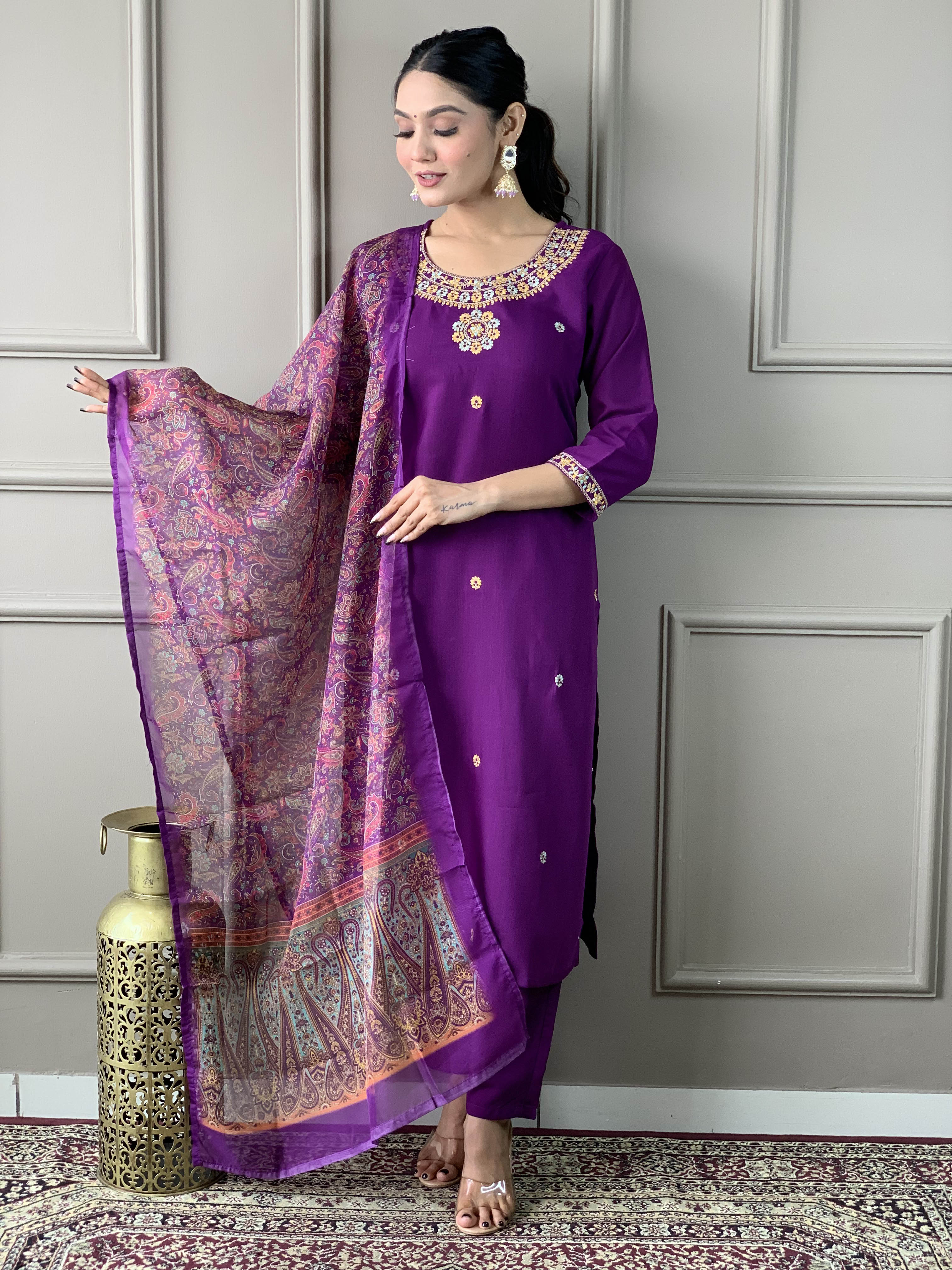 Women's Dark Purple Rayon Slub Embroidered Straight Kurta with Rayon Slub Pant And Organza Printed Dupatta Sets-Minimum Qty -10 Pic