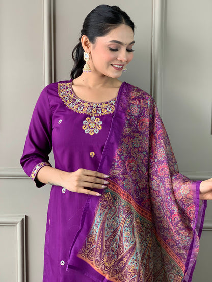 Women's Dark Purple Rayon Slub Embroidered Straight Kurta with Rayon Slub Pant And Organza Printed Dupatta Sets