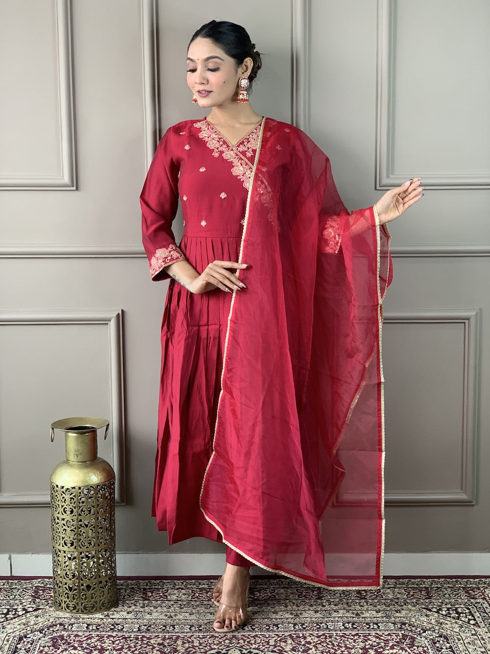 Women's Red Viscose Chanderi Embroidered Straight Kurta with Viscose Chanderi Pant And Organza Printed Dupatta Sets