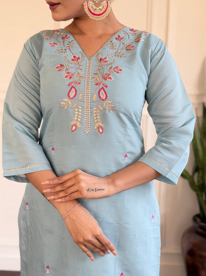 Women's Sky Blue Viscose Chanderi Embroidered Straight Kurta with Viscose Chanderi Pant And jacquard Butti Printed Dupatta Sets-Minimum Qty -10 Pic