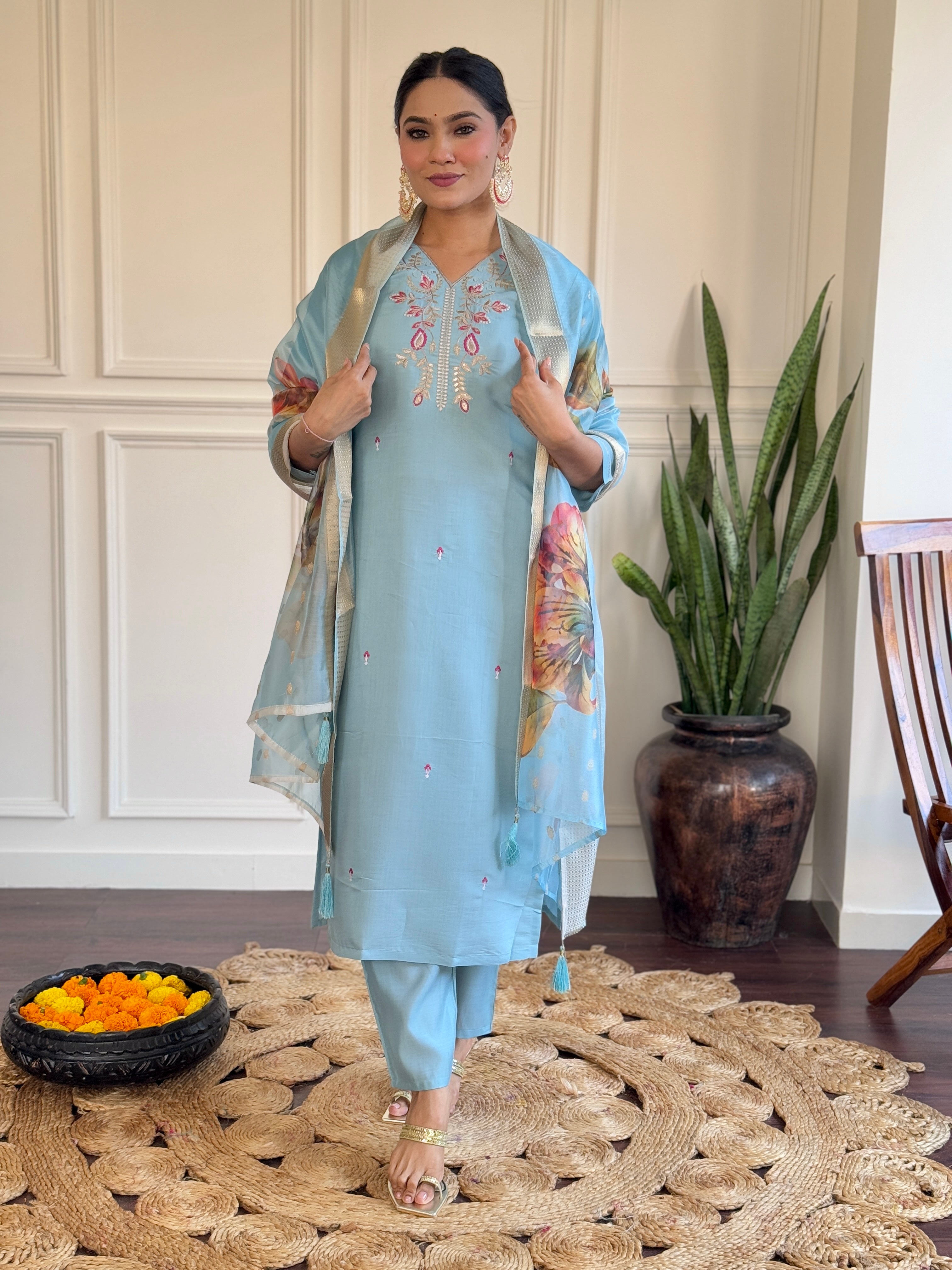 Women's Sky Blue Viscose Chanderi Embroidered Straight Kurta with Viscose Chanderi Pant And jacquard Butti Printed Dupatta Sets-Minimum Qty -10 Pic