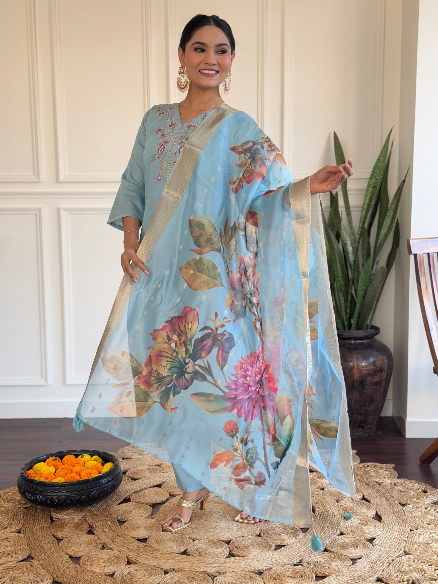 Women's Sky Blue Viscose Chanderi Embroidered Straight Kurta with Viscose Chanderi Pant And jacquard Butti Printed Dupatta Sets-Minimum Qty -10 Pic