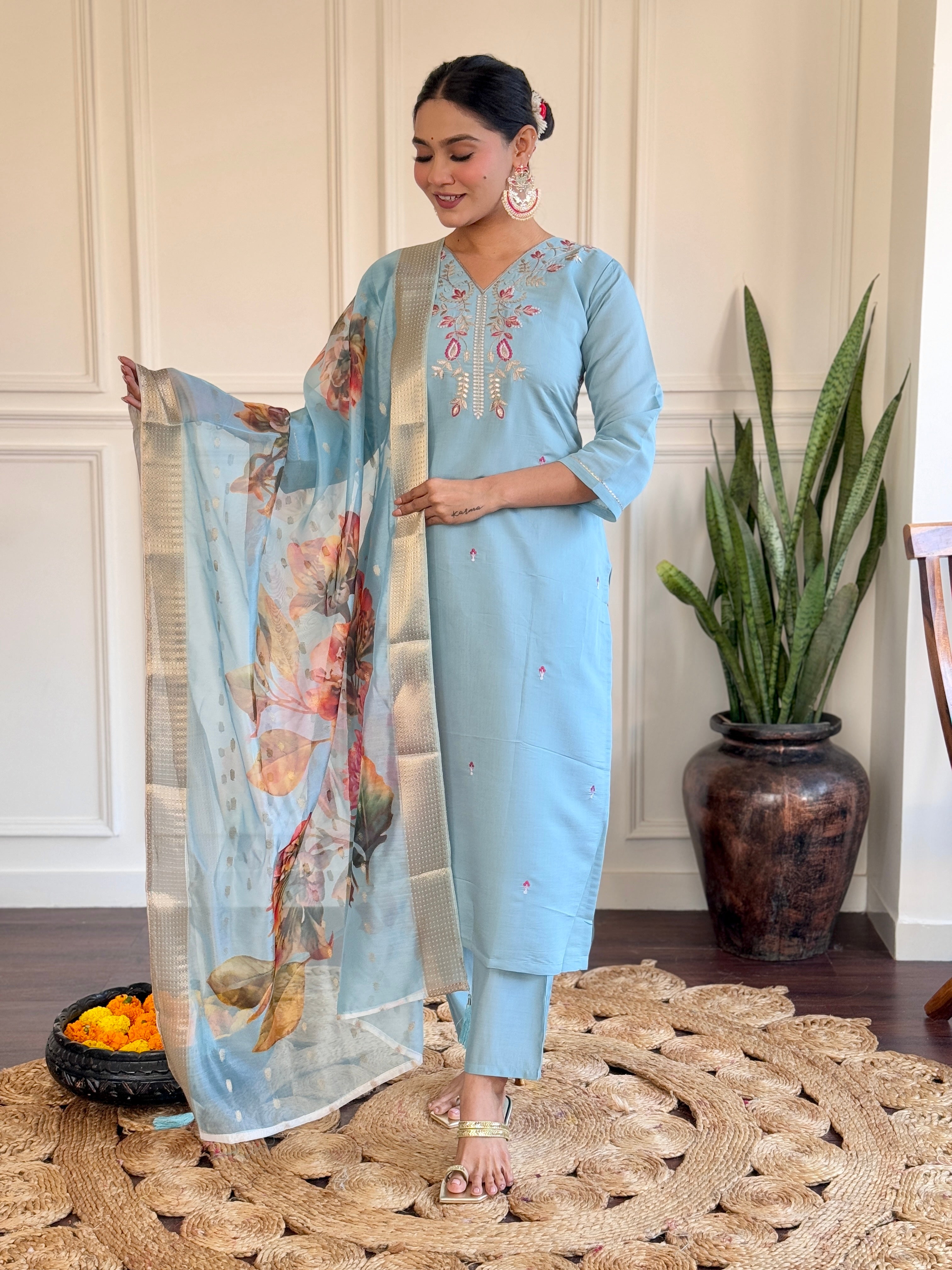 Women's Sky Blue Viscose Chanderi Embroidered Straight Kurta with Viscose Chanderi Pant And jacquard Butti Printed Dupatta Sets-Minimum Qty -10 Pic