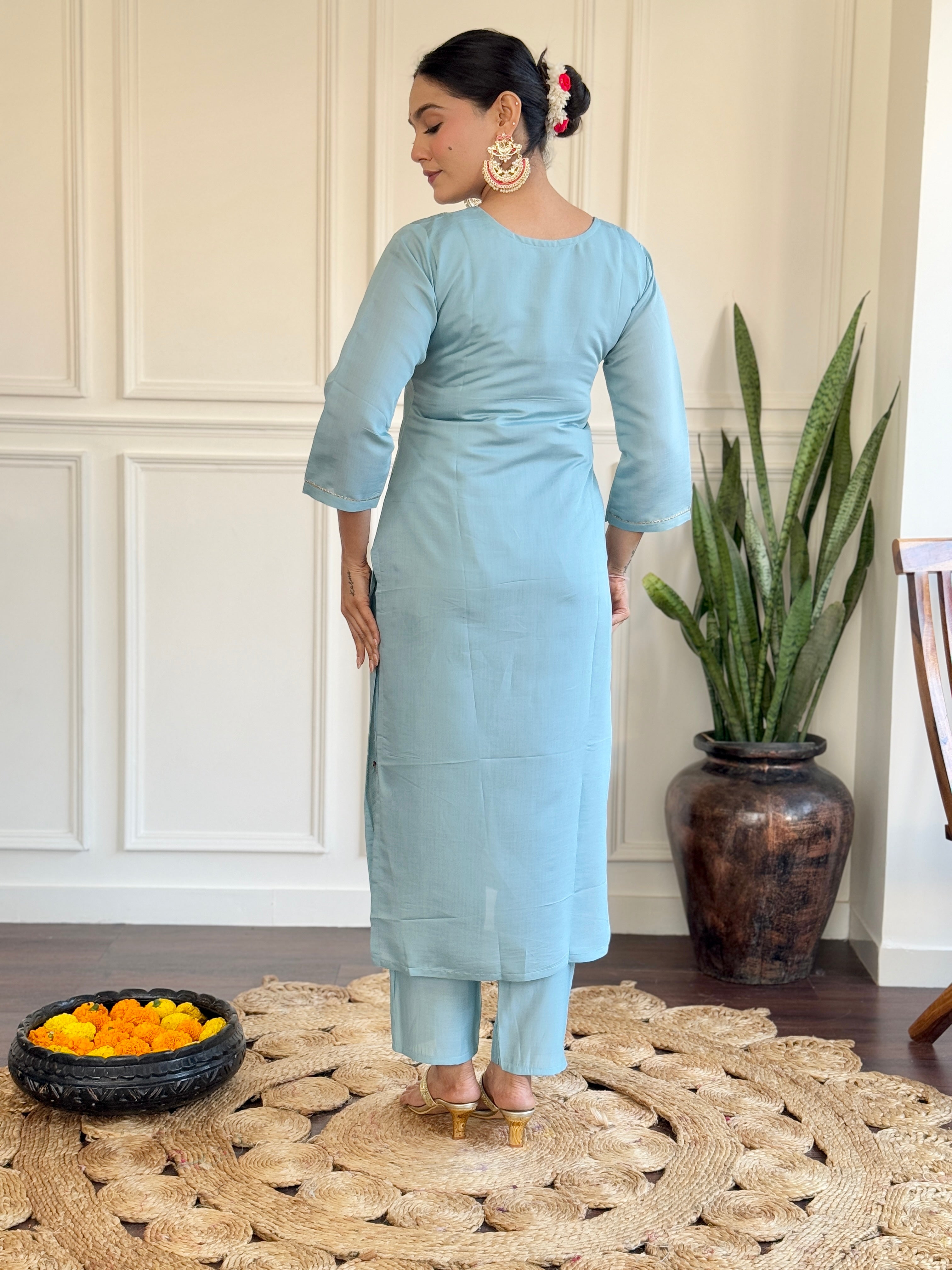 Women's Sky Blue Viscose Chanderi Embroidered Straight Kurta with Viscose Chanderi Pant And jacquard Butti Printed Dupatta Sets-Minimum Qty -10 Pic