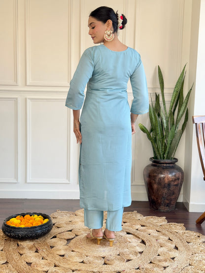 Women's Sky Blue Viscose Chanderi Embroidered Straight Kurta with Viscose Chanderi Pant And jacquard Butti Printed Dupatta Sets-Minimum Qty -10 Pic