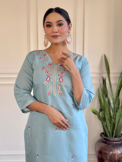 Women's Sky Blue Viscose Chanderi Embroidered Straight Kurta with Viscose Chanderi Pant And jacquard Butti Printed Dupatta Sets-Minimum Qty -10 Pic