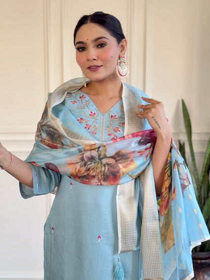 Women's Sky Blue Viscose Chanderi Embroidered Straight Kurta with Viscose Chanderi Pant And jacquard Butti Printed Dupatta Sets-Minimum Qty -10 Pic