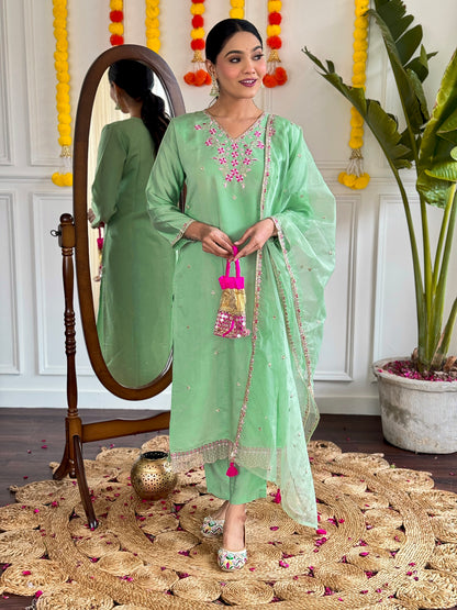 Women's Mint Green Viscose Chanderi Embroidered Straight Kurta with Viscose Chanderi Pant And Organza Printed Dupatta Sets