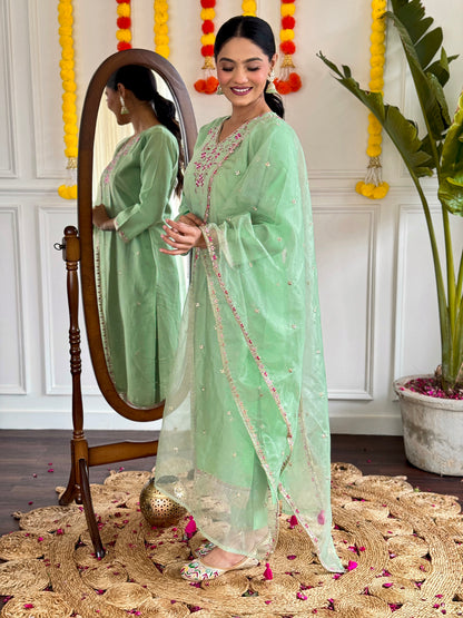 Women's Mint Green Viscose Chanderi Embroidered Straight Kurta with Viscose Chanderi Pant And Organza Printed Dupatta Sets