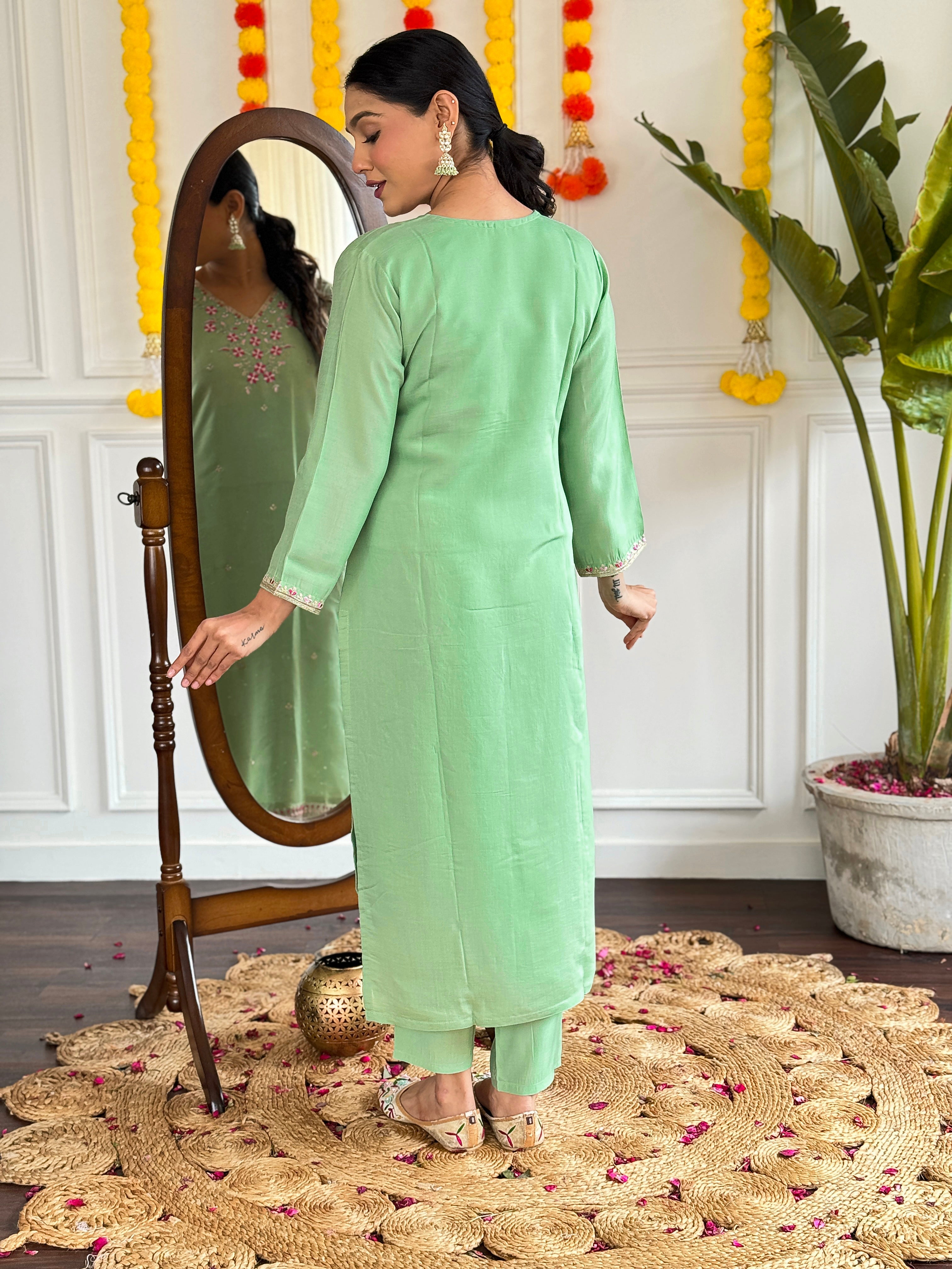 Women's Mint Green Viscose Chanderi Embroidered Straight Kurta with Viscose Chanderi Pant And Organza Printed Dupatta Sets-Minimum Qty -10 Pic