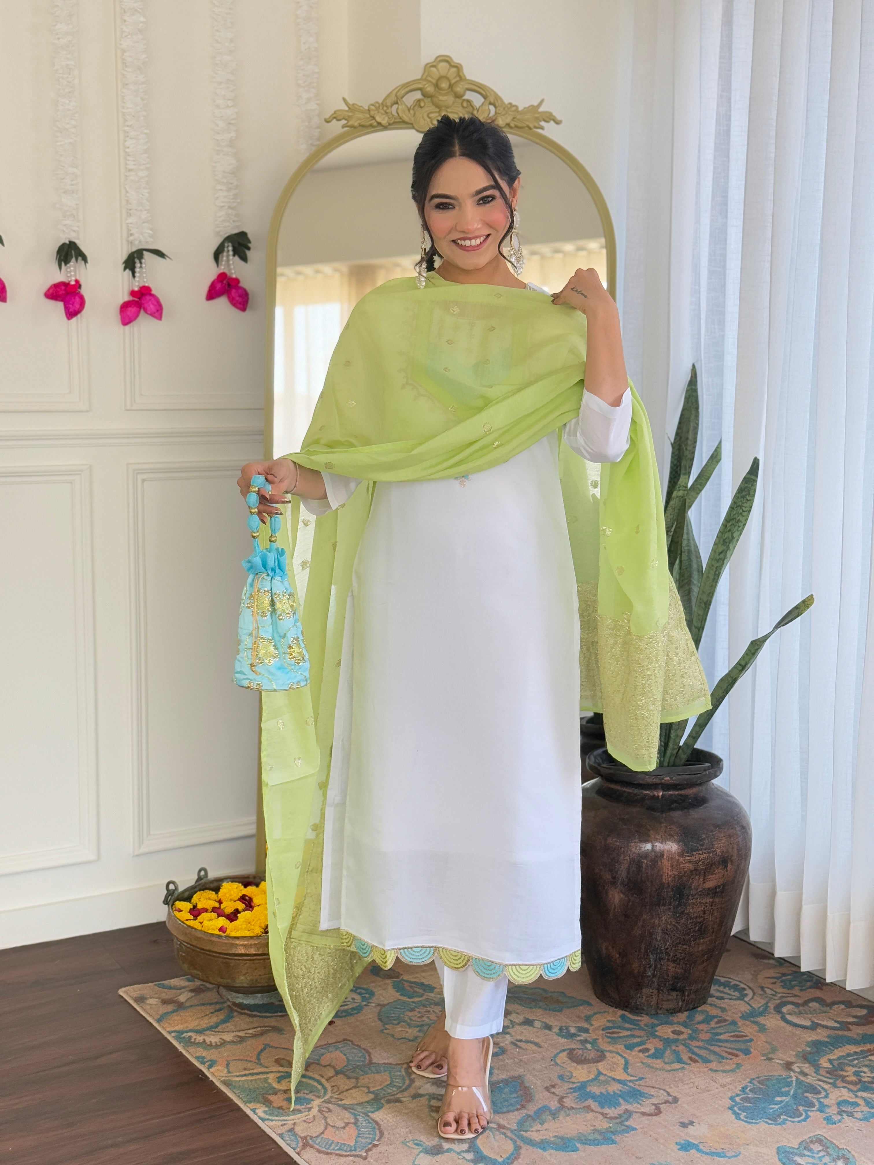Women's White Viscose Chanderi Embroidered Straight Kurta with Viscose Chanderi Pant And jacquard Butti Printed Dupatta Sets-Minimum Qty -10 Pic