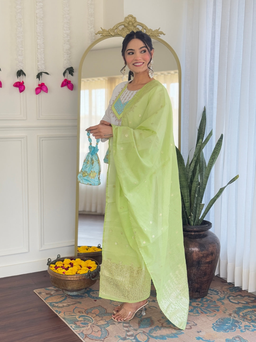Women's White Viscose Chanderi Embroidered Straight Kurta with Viscose Chanderi Pant And jacquard Butti Printed Dupatta Sets-Minimum Qty -10 Pic