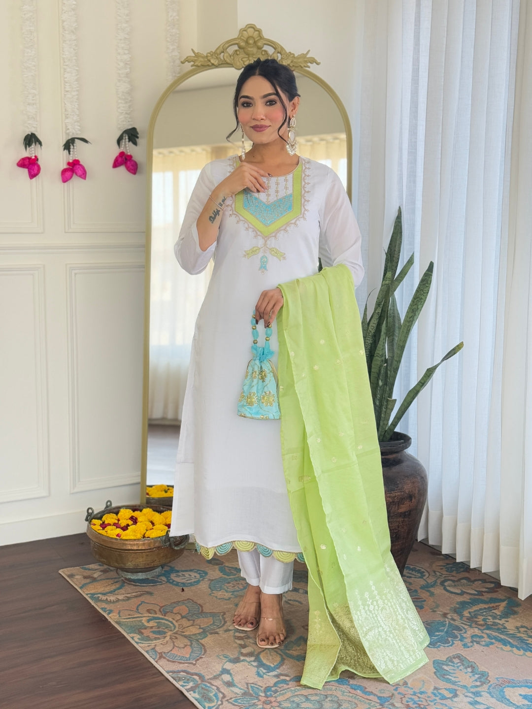 Women's White Viscose Chanderi Embroidered Straight Kurta with Viscose Chanderi Pant And jacquard Butti Printed Dupatta Sets-Minimum Qty -10 Pic