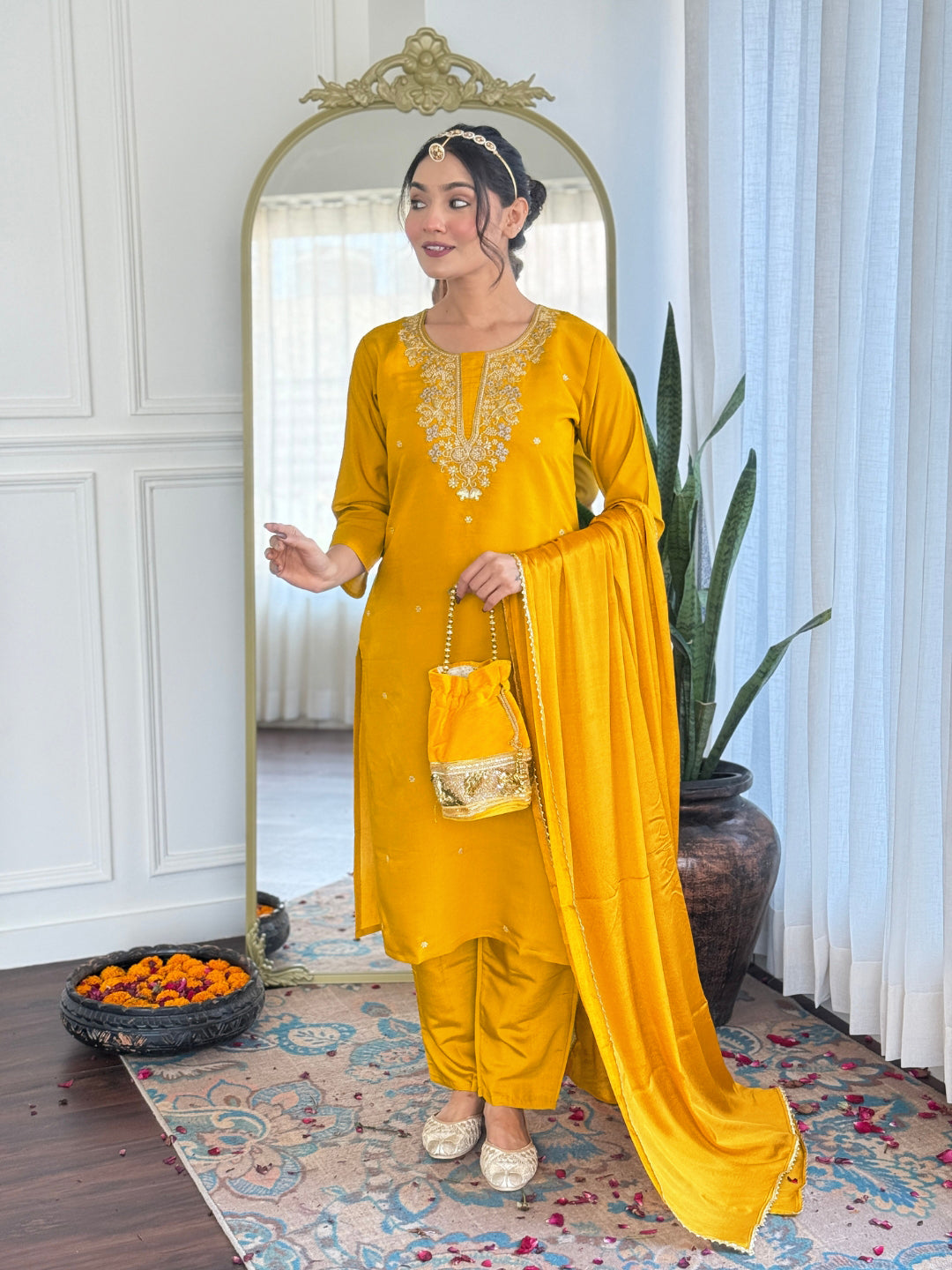 Women's Musterd Yellow Viscose Chanderi Embroidered Straight Kurta with Viscose Chanderi Pant And Chinnon Printed Dupatta Sets-Minimum Qty -10 Pic