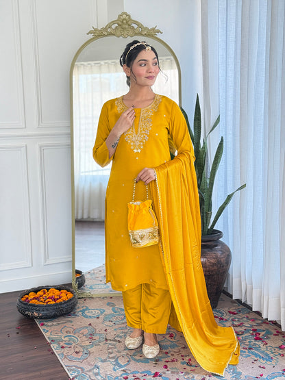 Women's Musterd Yellow Viscose Chanderi Embroidered Straight Kurta with Viscose Chanderi Pant And Chinnon Printed Dupatta Sets-Minimum Qty -10 Pic