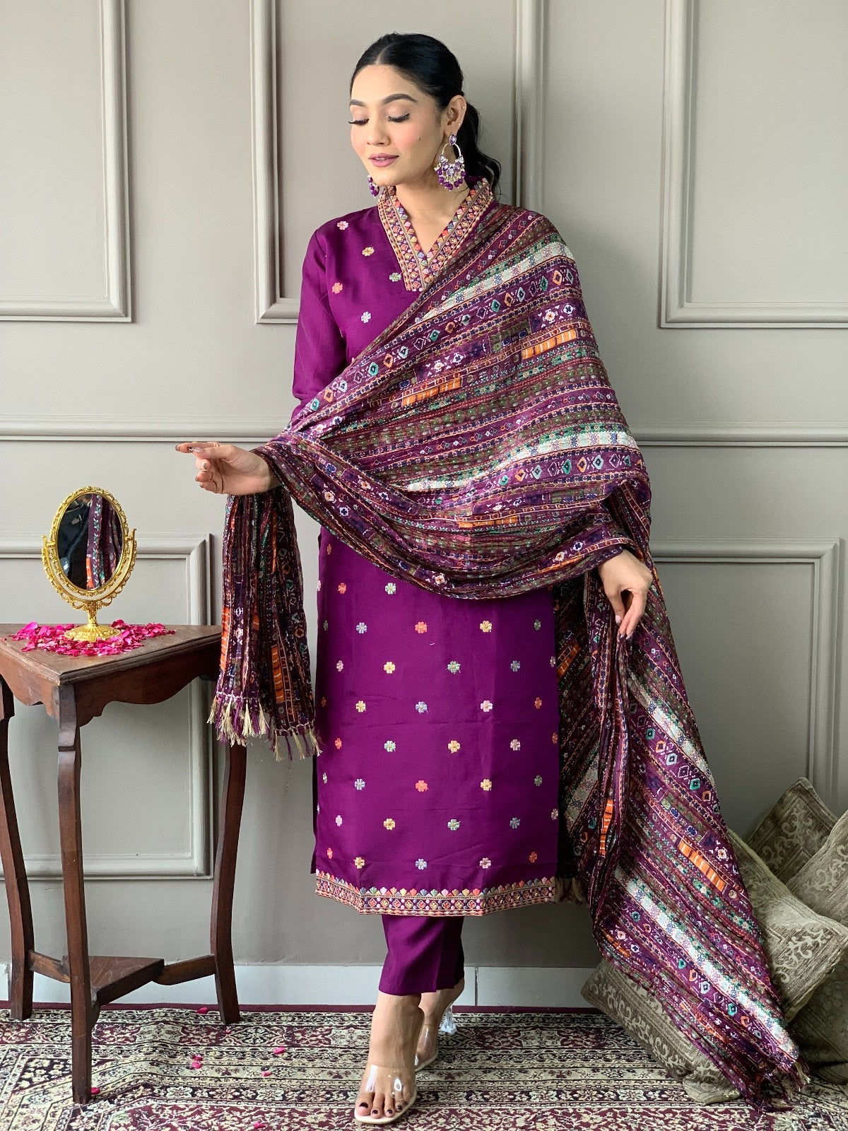 Women Viscose Chanderi Kurta With Pant And Heavy Embroidery Dupata Set-Minimum Qty -10 Pic