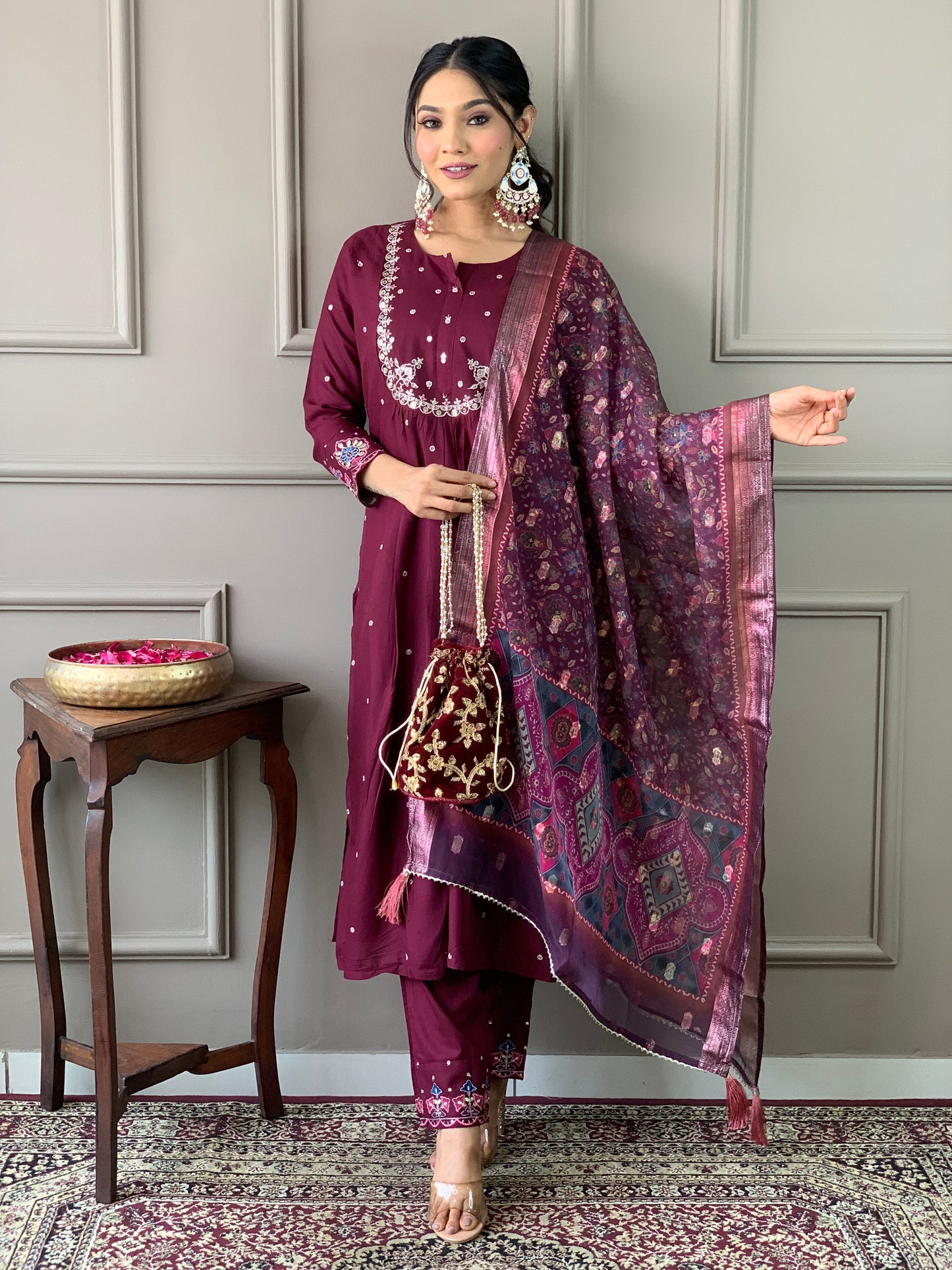 Women Viscose Chanderi Kurta With Pant And Heavy Embroidery Dupata Set