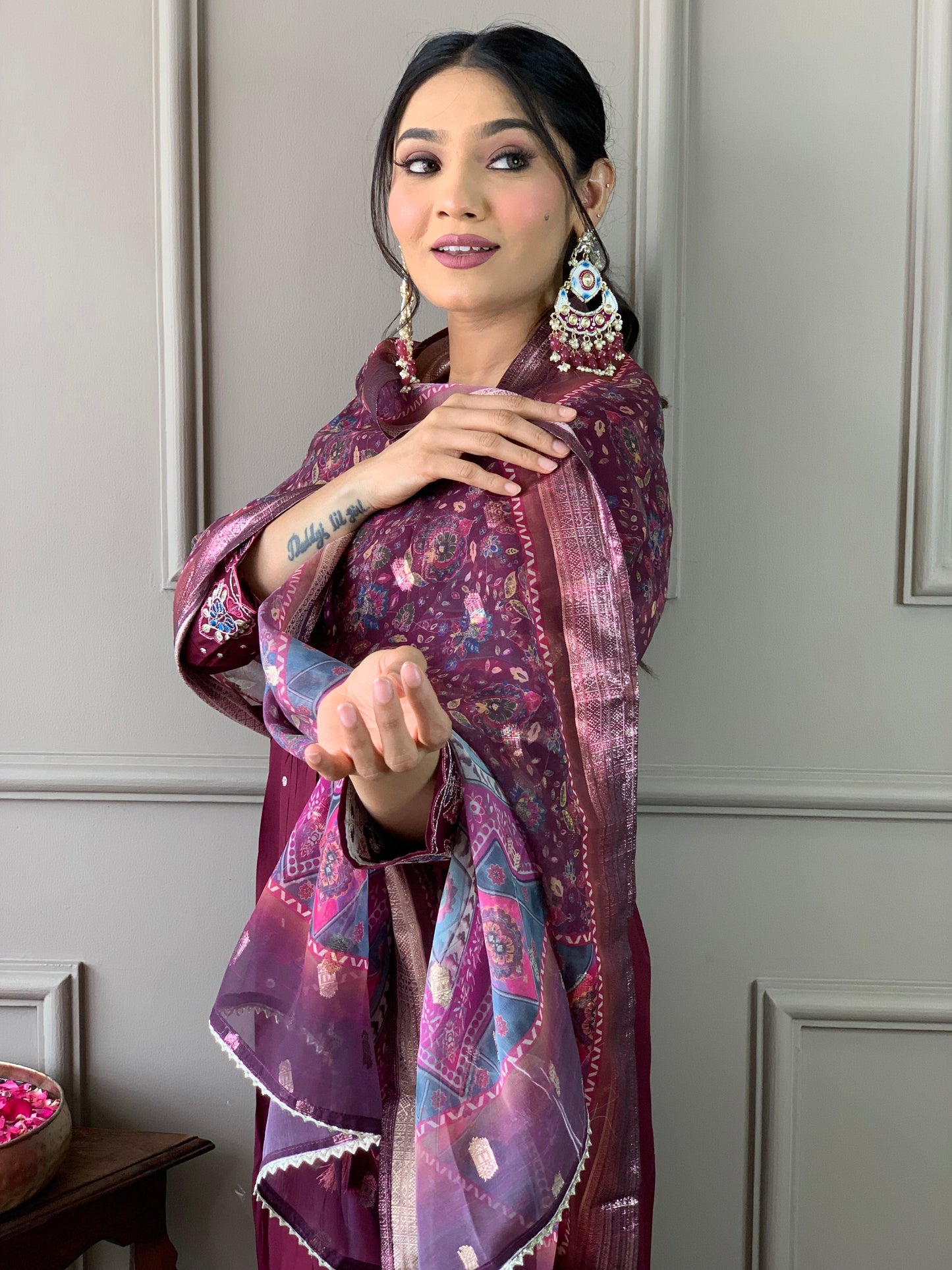 Women Viscose Chanderi Kurta With Pant And Heavy Embroidery Dupata Set