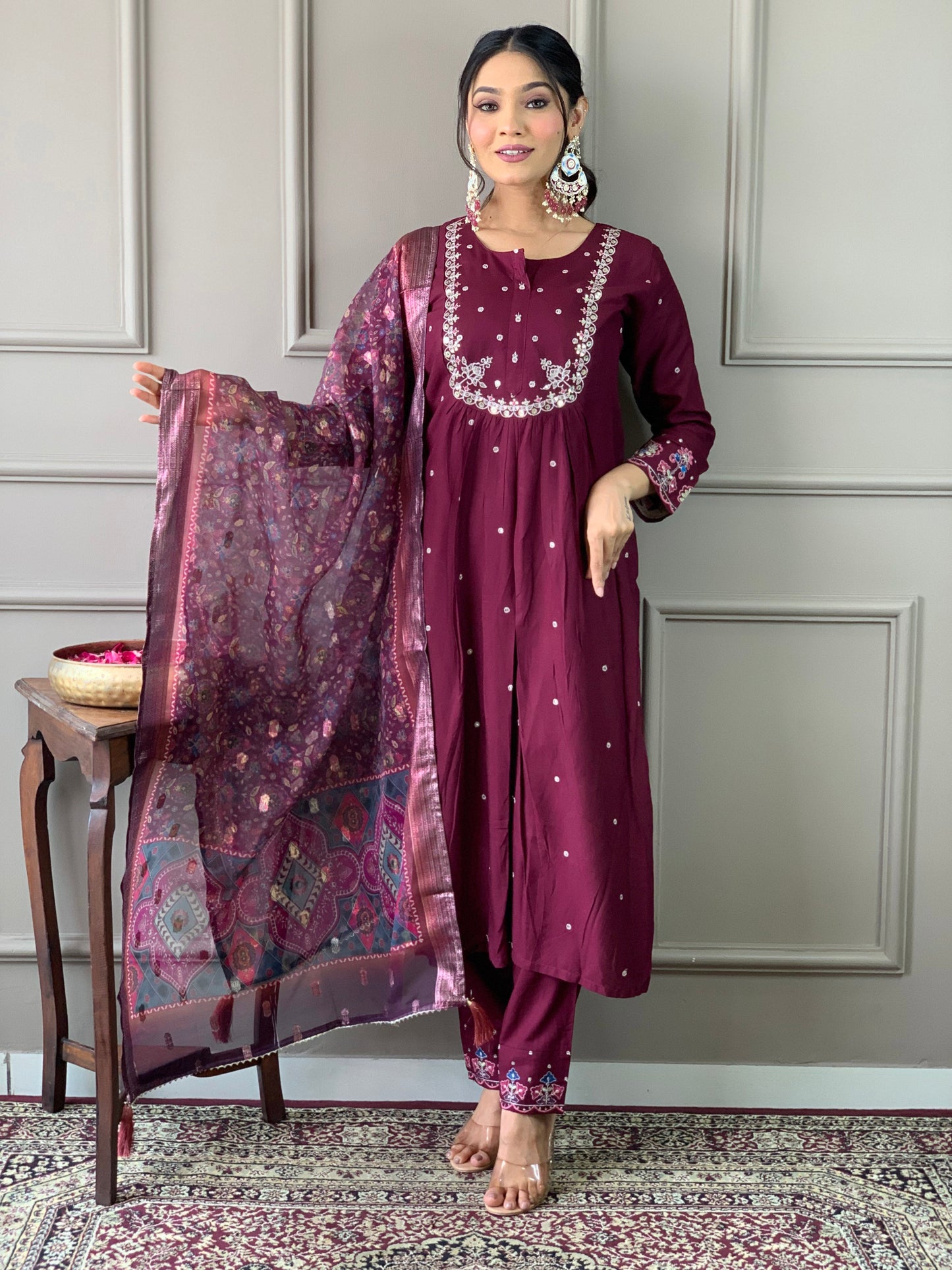 Women Viscose Chanderi Kurta With Pant And Heavy Embroidery Dupata Set
