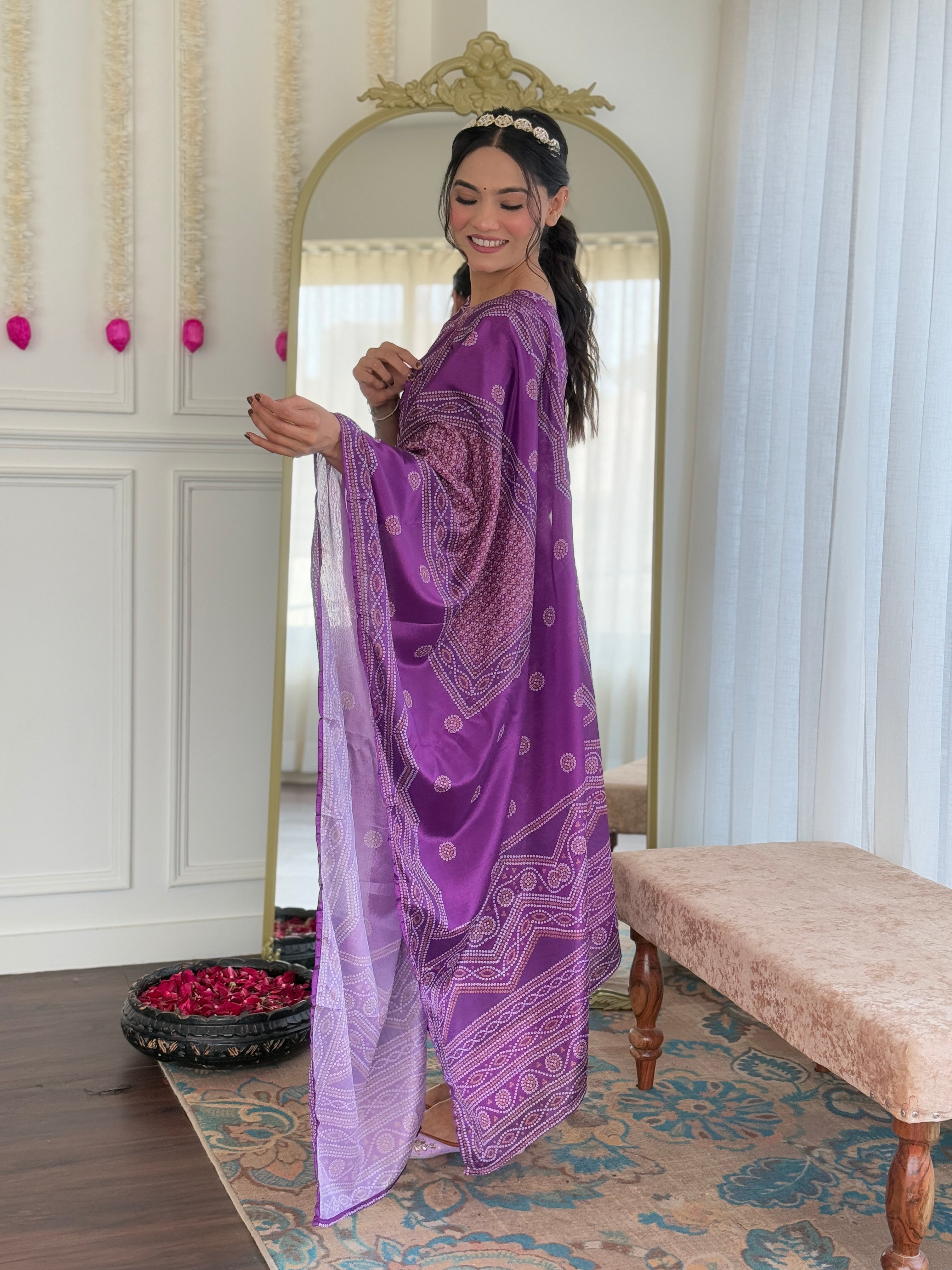 Women French Crepe Kurta With Gadhwal Silk Pant And Chinnin Dupata Set