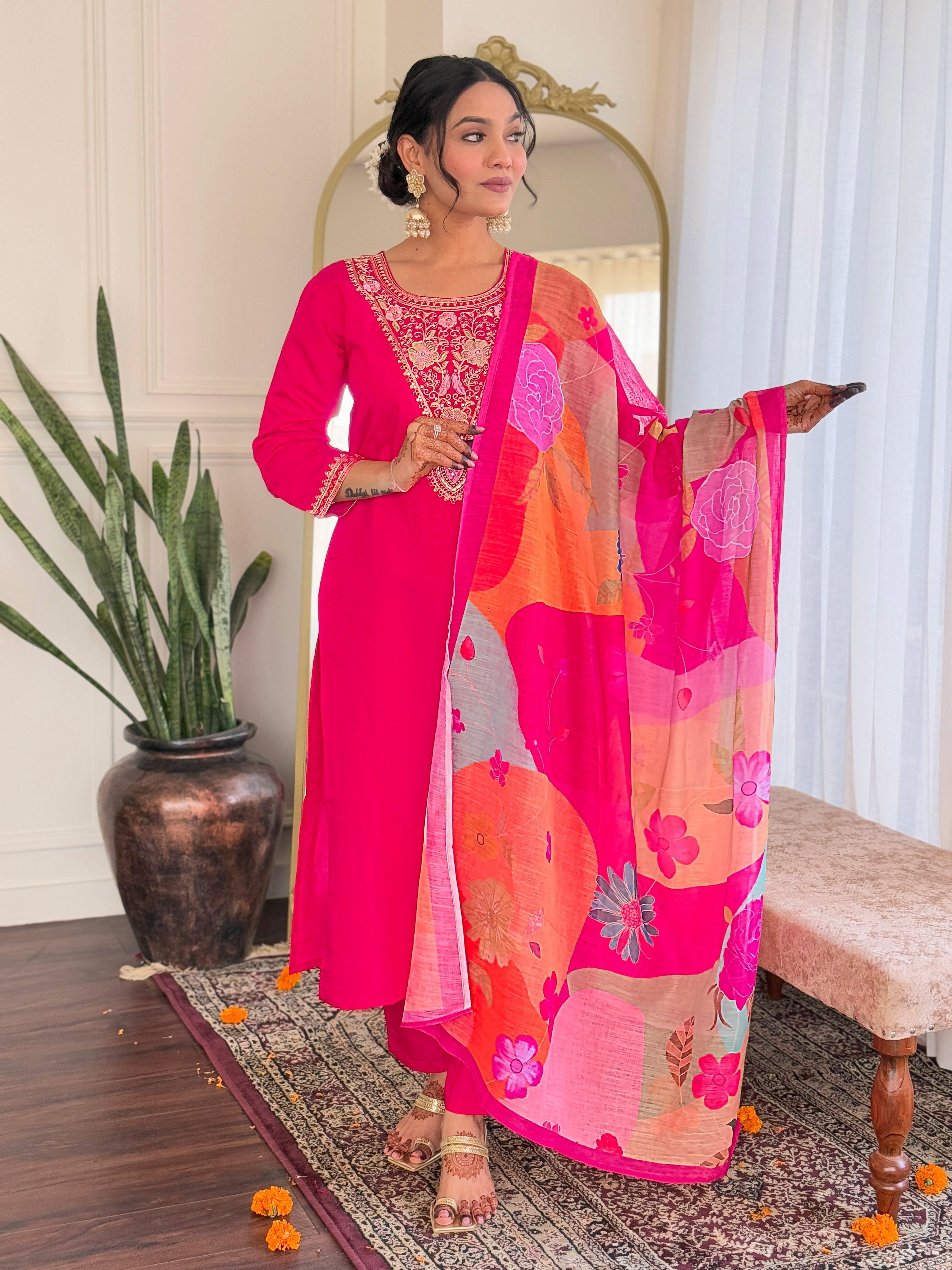 Women's Viscose Chanderi Embroidered Straight Kurta with Viscose Chanderi Pant And Linen Printed Dupatta Sets
