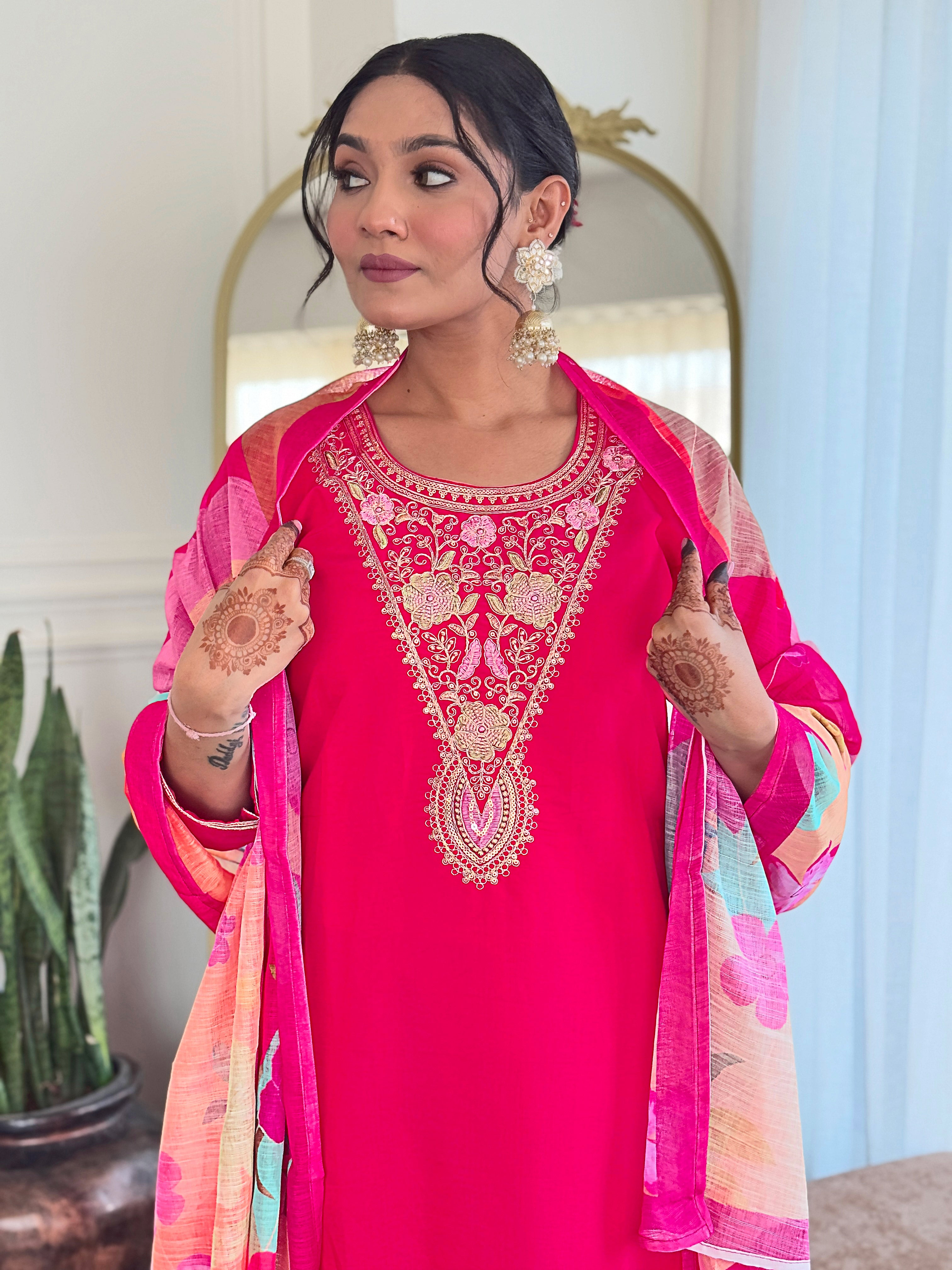 Women's Viscose Chanderi Embroidered Straight Kurta with Viscose Chanderi Pant And Linen Printed Dupatta Sets