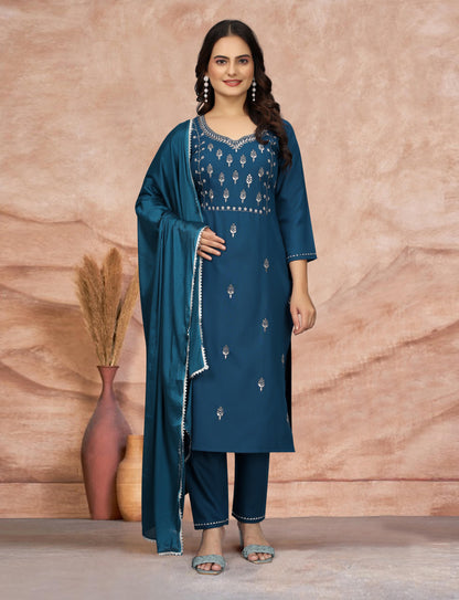 Women's Embroidered Cottan Blend Kurti With Pant & Dupatta Set-Minimum Qty -10 Pic