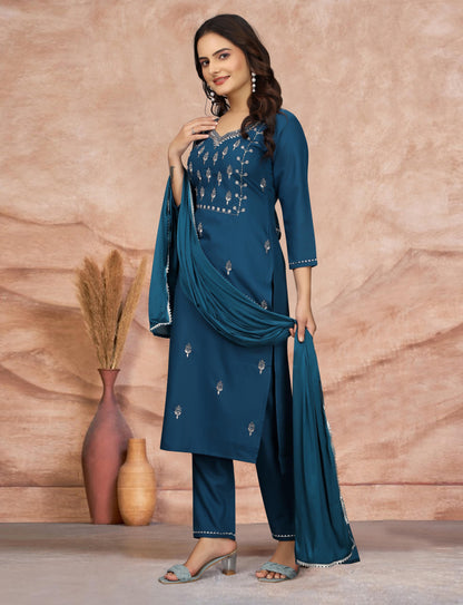 Women's Embroidered Cottan Blend Kurti With Pant & Dupatta Set-Minimum Qty -10 Pic