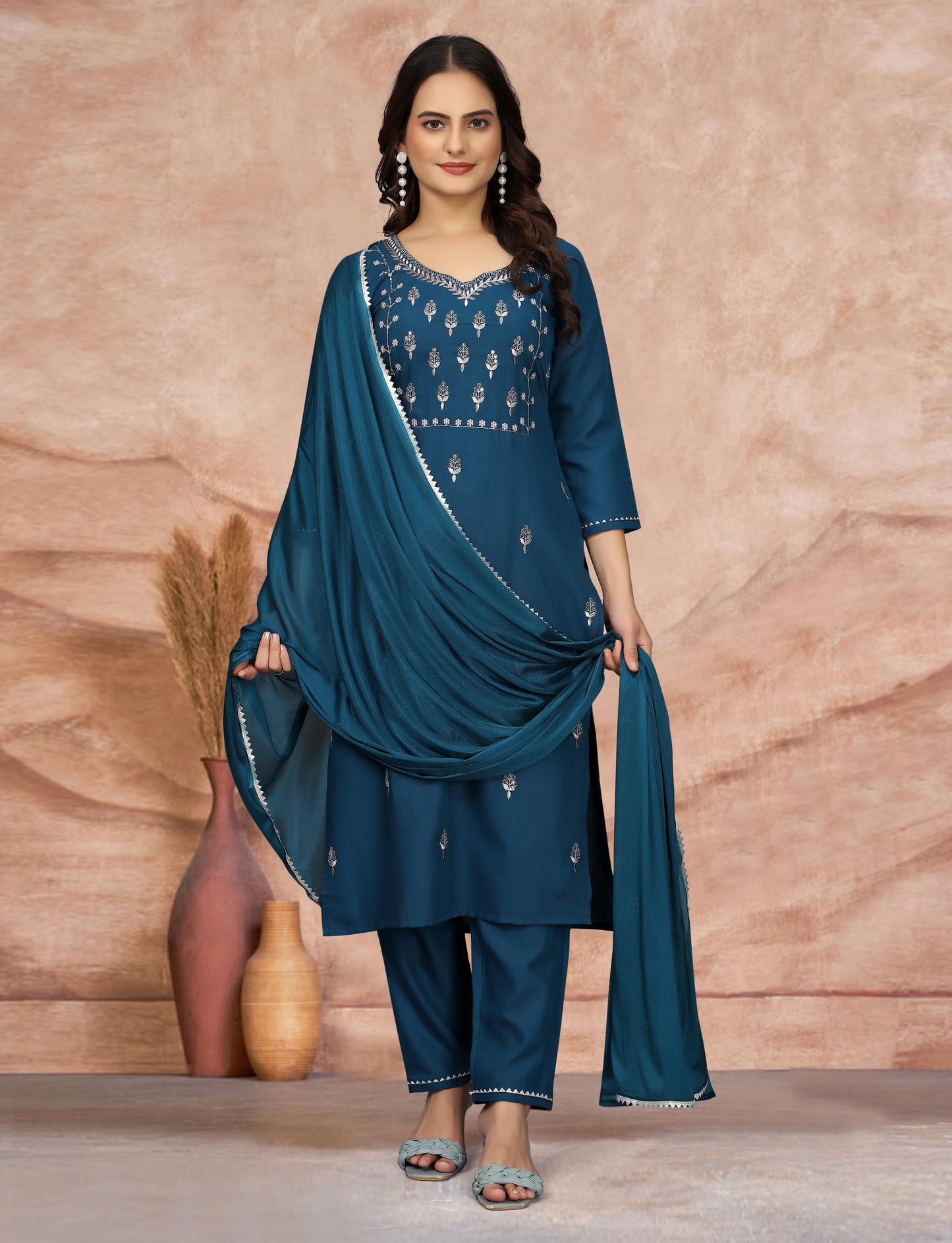 Women's Embroidered Cottan Blend Kurti With Pant & Dupatta Set-Minimum Qty -10 Pic