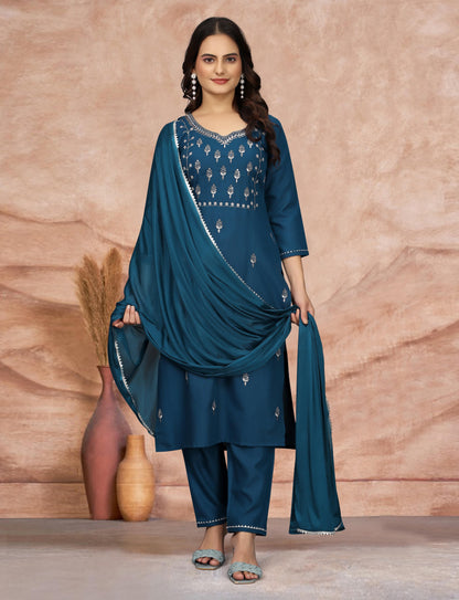 Women's Embroidered Cottan Blend Kurti With Pant & Dupatta Set-Minimum Qty -10 Pic